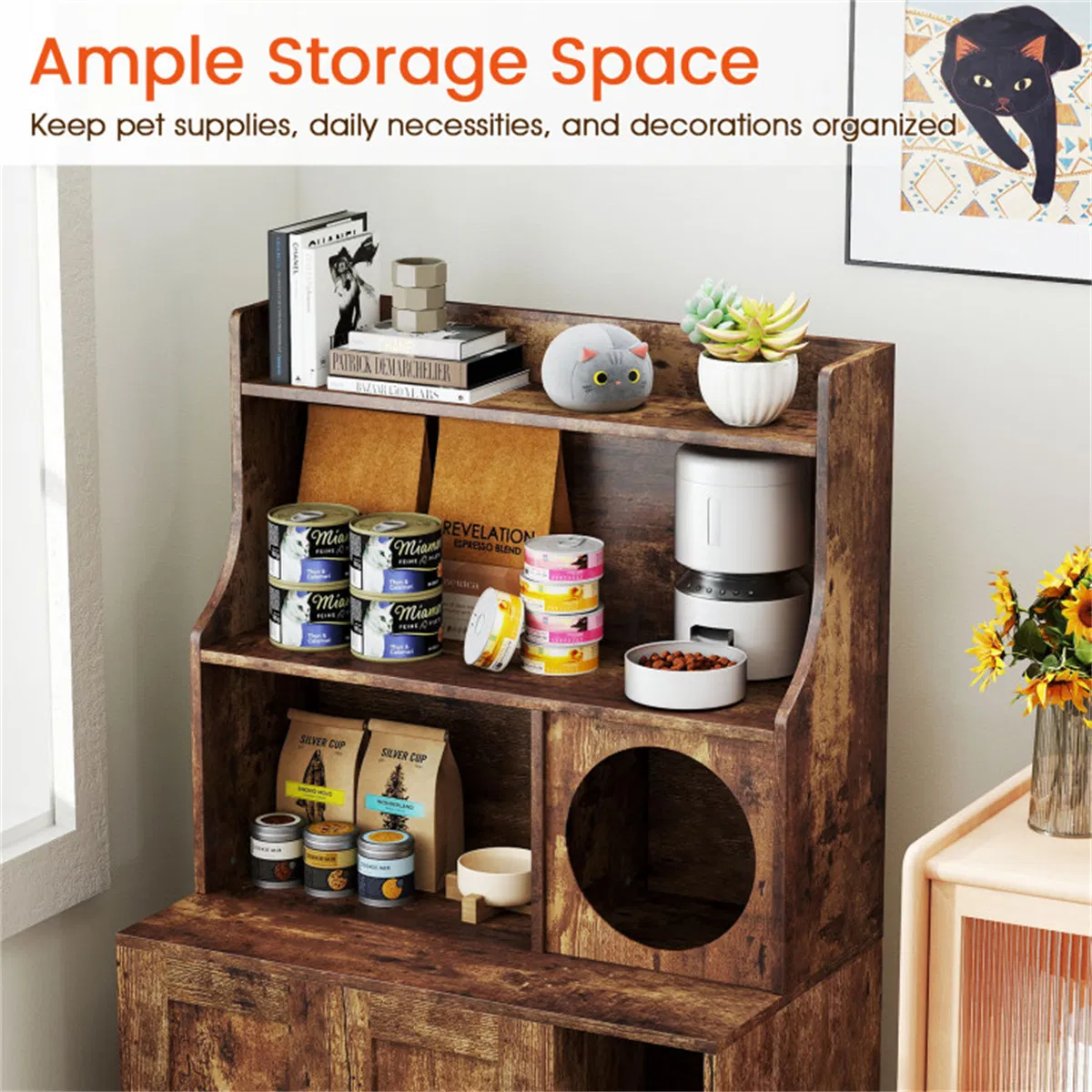 Wooden Hidden Cat Litter Box Enclosure with Storage Shelves Anti-Toppling Design Industrial Style Brown photo 7