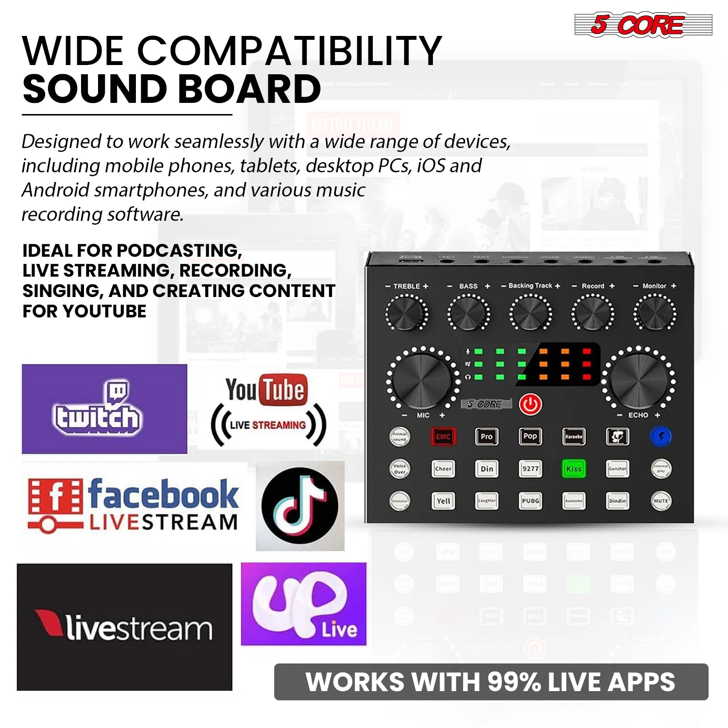 5 CORE Condenser Microphone Bundle, Podcast Equipment Bundle w/Mixer, Mic Arm Stand, Shock Mount, Pop Filter & Headphone for Vocal Studio Recording Broadcasting YouTube Live Streaming - RM 8 BG photo 3