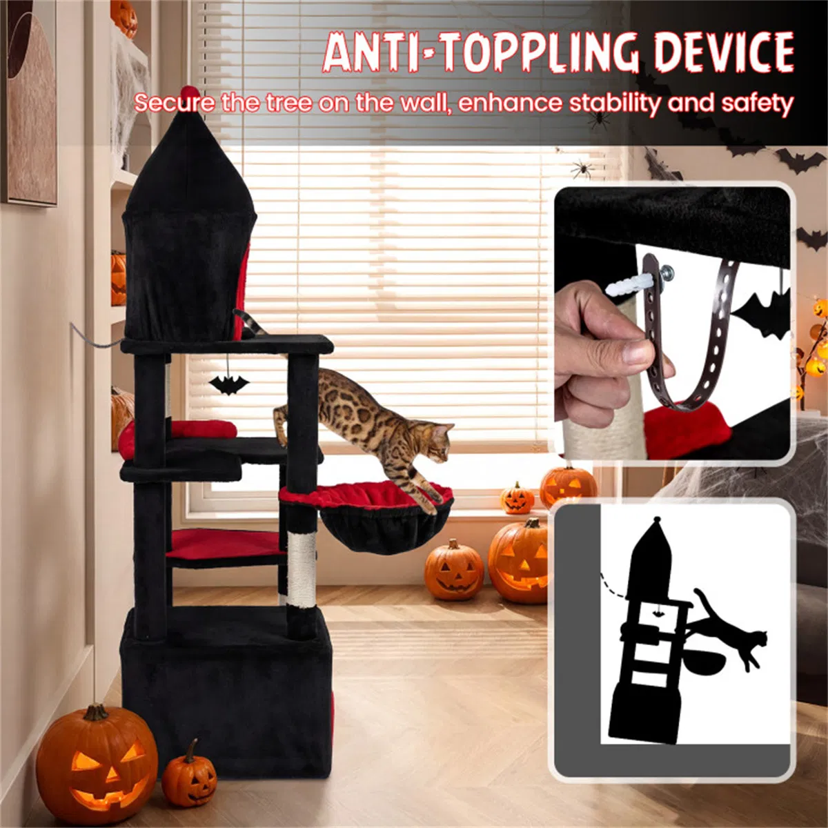 Gothic 5-Level Cat Tree 63" Tall with Sisal Scratching Posts Black Red Cat Tower photo 7
