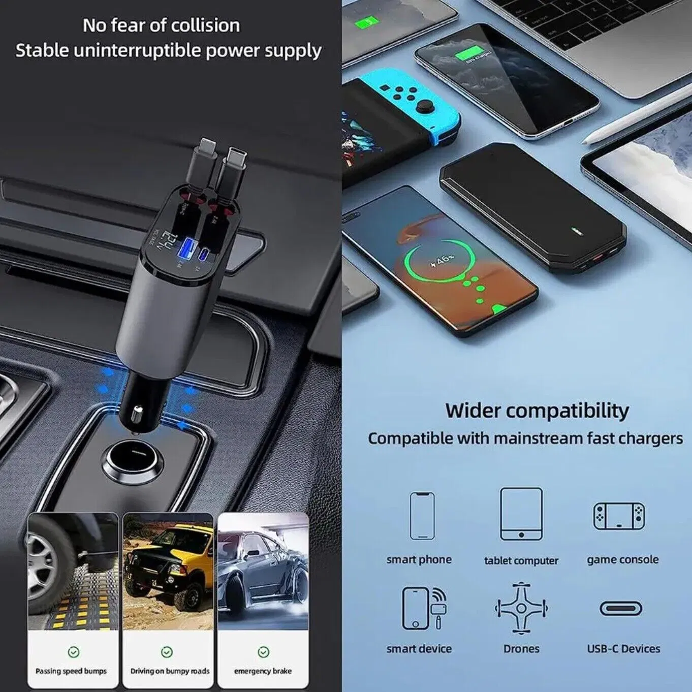 Retractable Car Charger 4 in 1 Fast Car Phone Charger 120W With USB Type C Cable photo 3