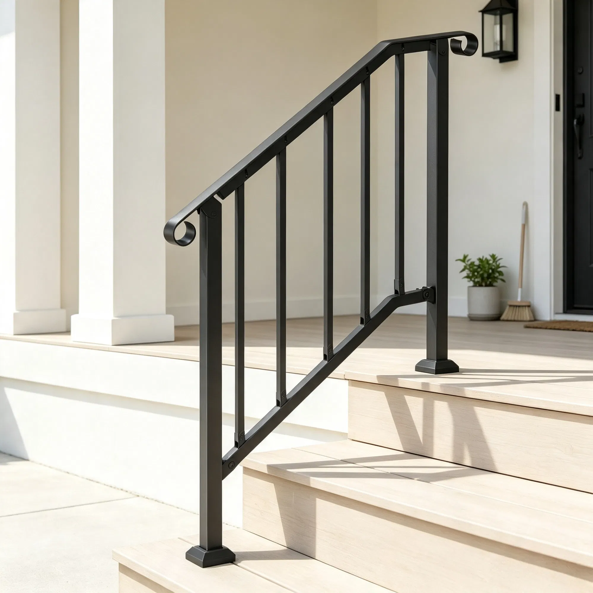 2-3 Step Outdoor Stair Handrail Kit, Black Retro Arch Carbon Steel Railing with Installation Kit photo 2