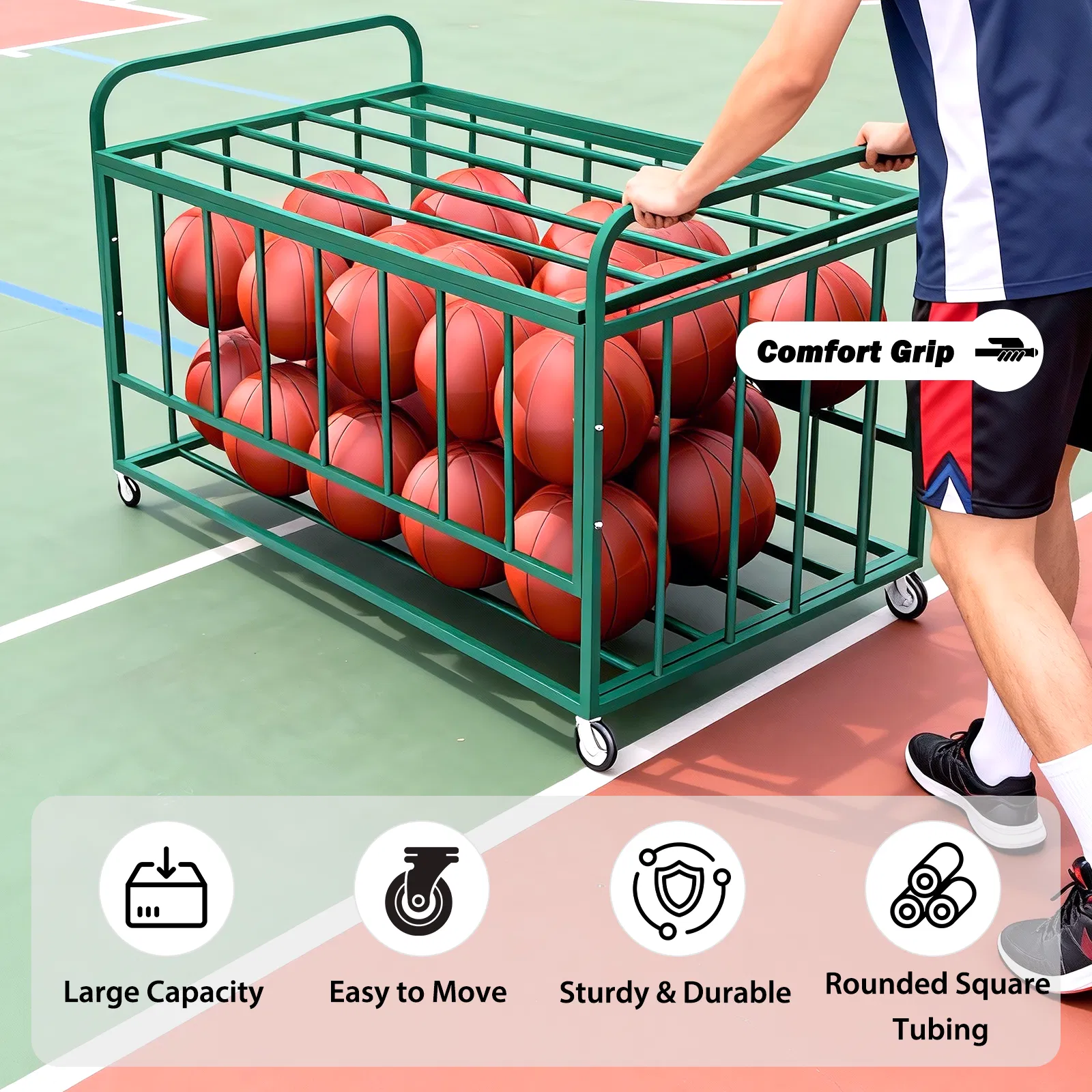 Ball Storage Cart, Basketball or Volleyball Storage Bin with Wheels, Basketball Holder Cage for Indoor and Outdoor, Gym, School, Club photo 2