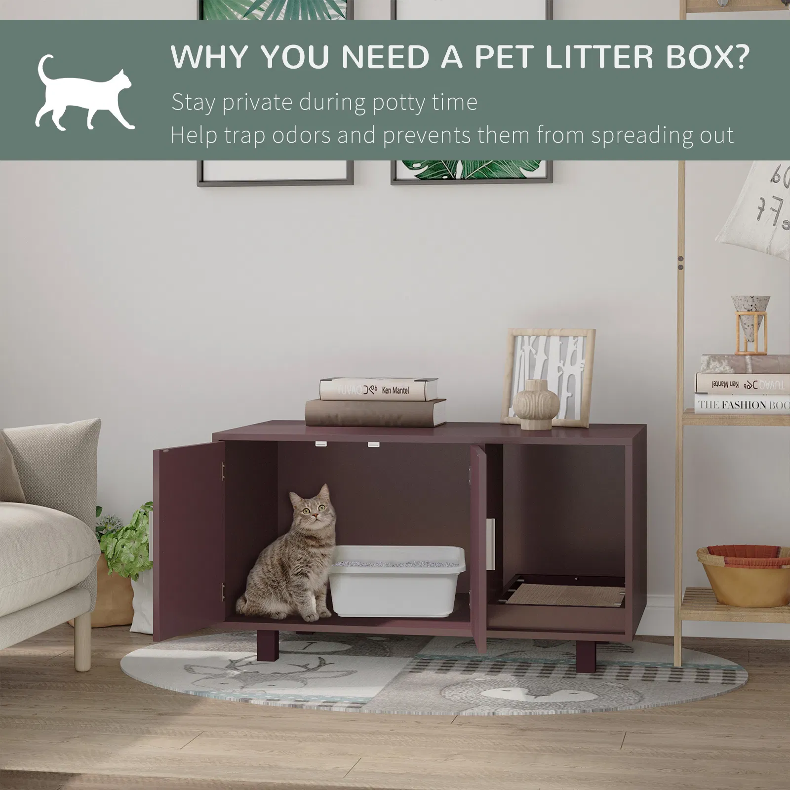 Cat Litter Box Enclosure, Hidden Litter Box Furniture, Cat House End Table Washroom with Scratching Pad, for Indoor Cats Kittens, Brown photo 5