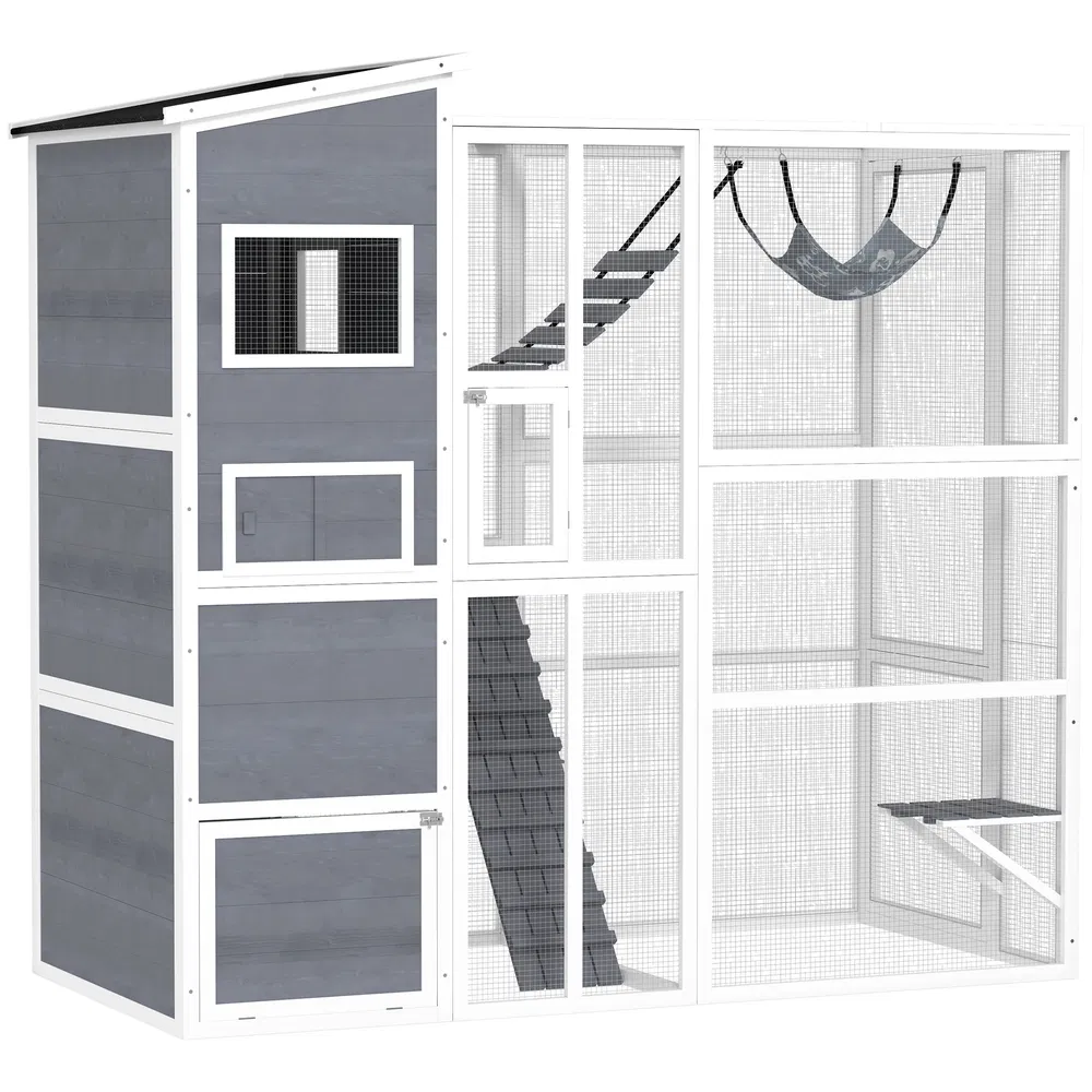76" Catio Outdoor Cat Enclosure with Cat Condo, Jumping Platforms, Ladder, Ramps, Hammock for 2-3 Indoor Cats, Grey photo 7