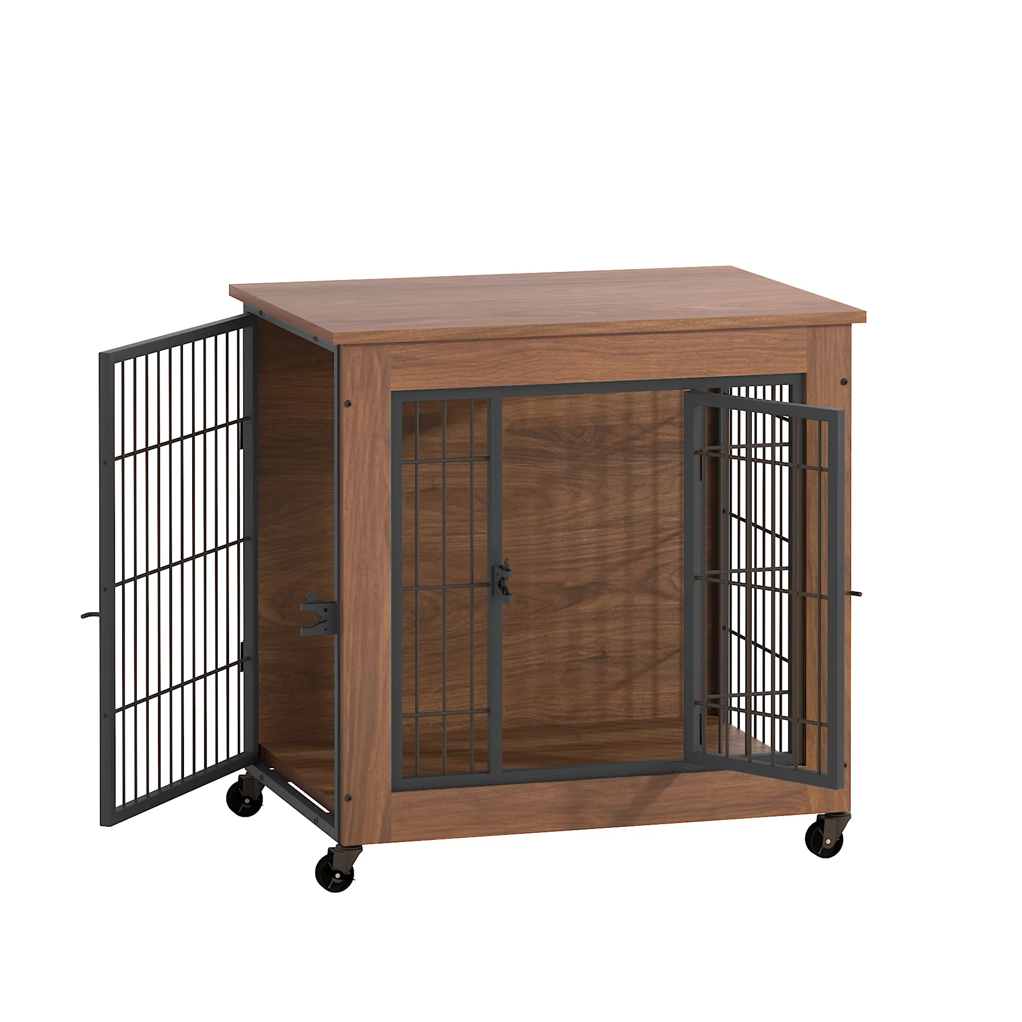 27.2" Dog Crate Furniture with Wheels for Small Dogs, Heavy Duty Dog Kennel Indoor with 2 Doors, Wooden Pet Cage End Table, Double-Doors Sturdy Metal Dog Cage for Anxiety Dog photo 8