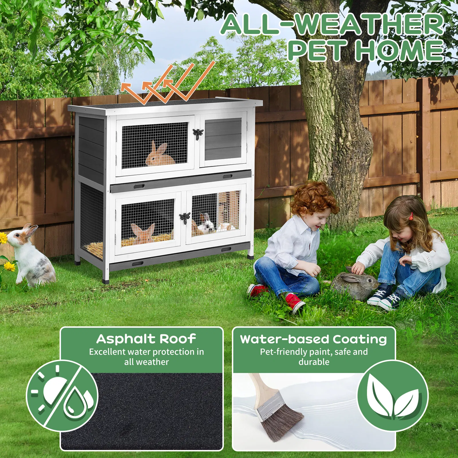 2 Story Solid Wood Rabbit Hutch Bunny Cage with 2 Large Main Rooms, Indoor Outdoor Rabbit House Guinea Pig Cage Pet House for Small Animals with 2 Removable Trays, Grey photo 5