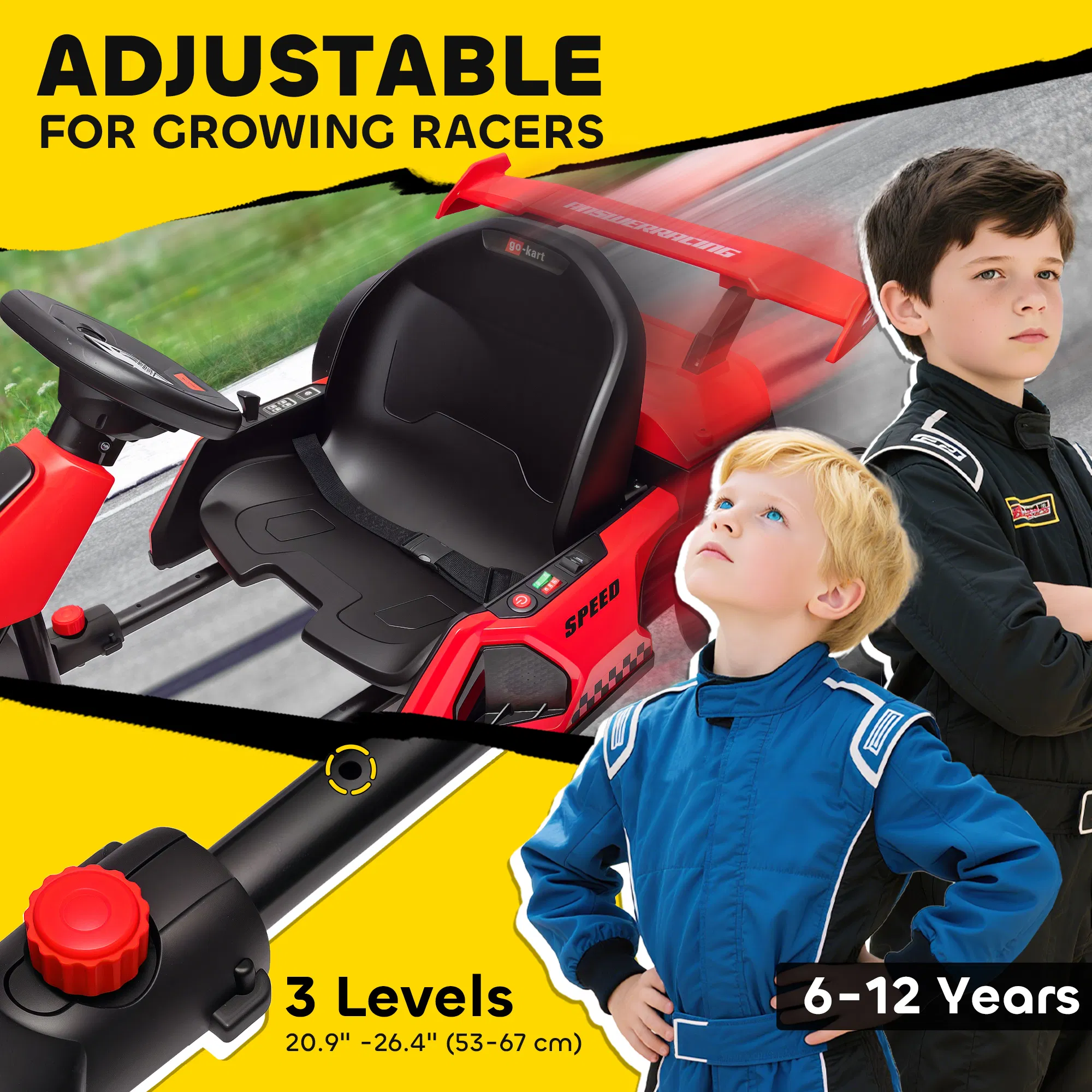 24V Electric Go Kart, Battery Powered Kids Drift Kart with Adjustable Seat, Seat Belt, Horn, Music, Light, Red photo 3