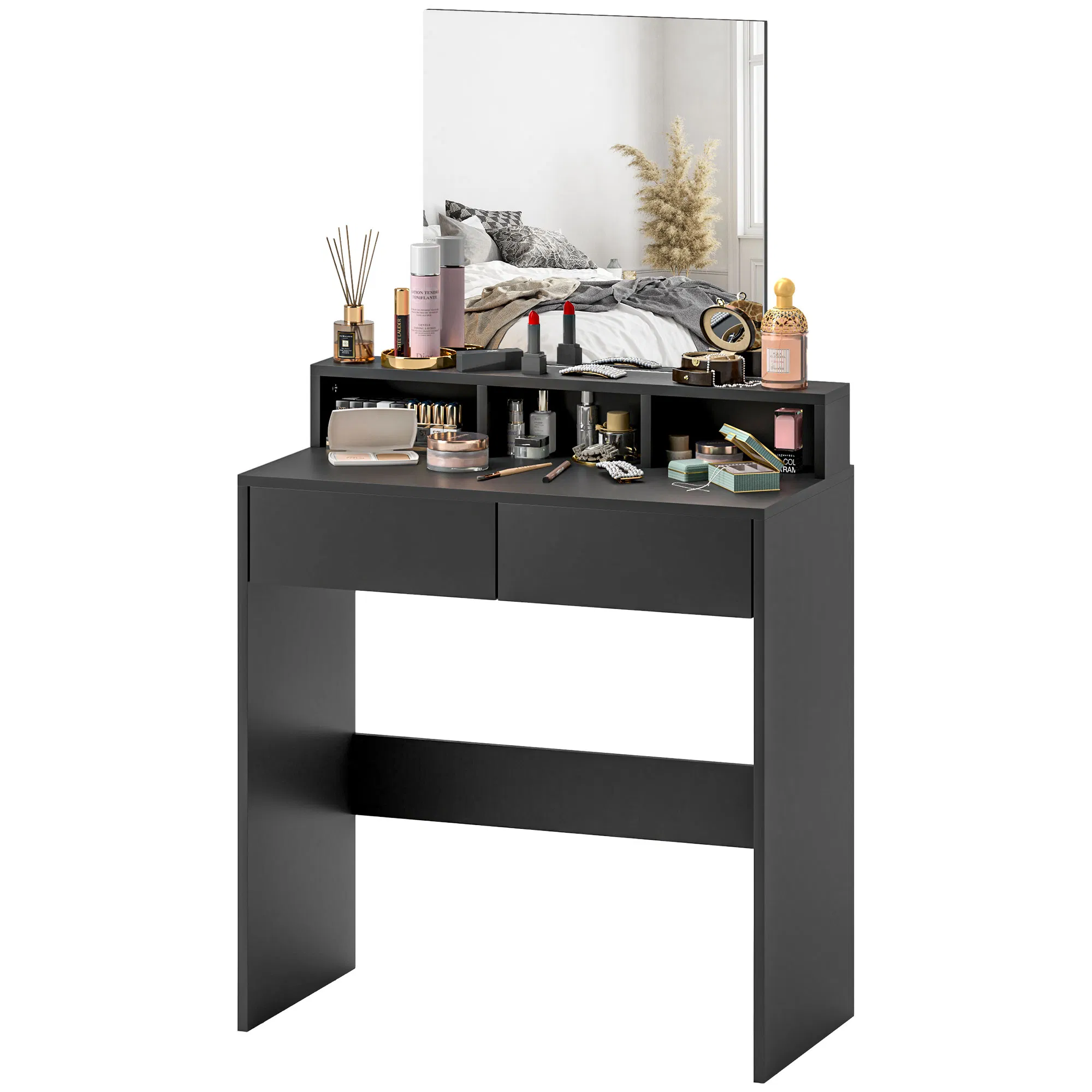 Makeup Vanity Desk with Mirror, for Bedroom, Modern Dressing Table with Drawers, Compartments, Black photo 1