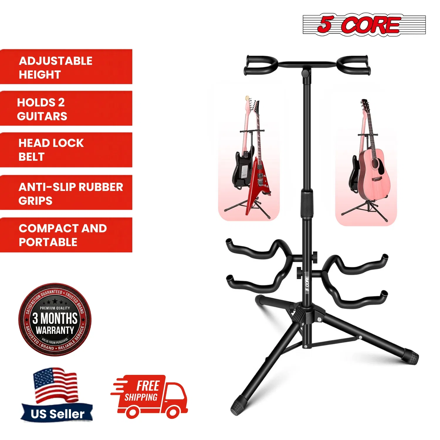 5 Core Guitar Stand Adjustable Double Guitars Stands Floor w Neck Holder Universal Supports for Acoustic Electric Classic Bass Instrument Folding Portable photo 5