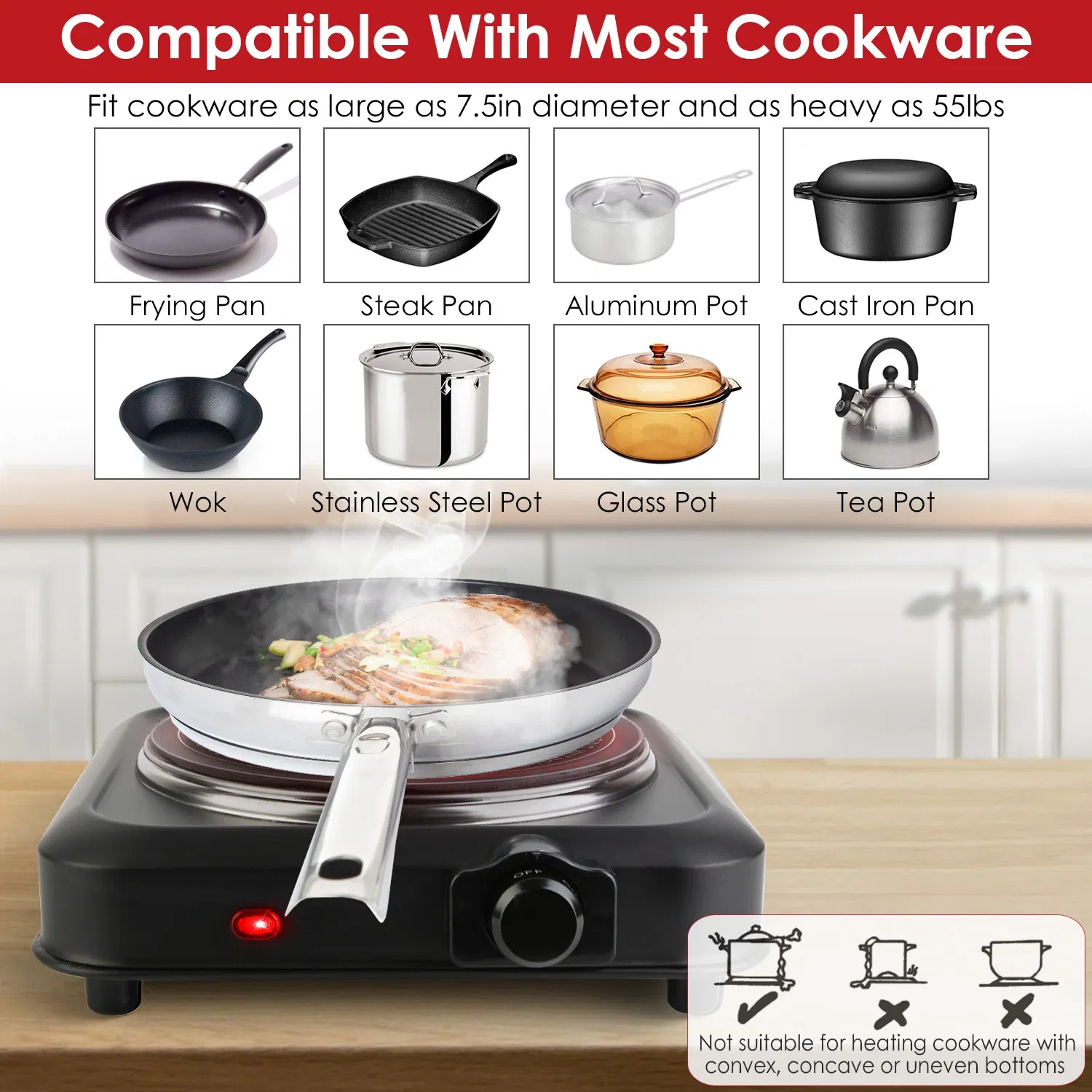 1200W Electric Infrared Single Burner Portable Heating Hot Plate Stove Countertop RV Hotplate with 7.5' Glass Cooktop Stepless Temperature Adjustments for Home RV Camp photo 8