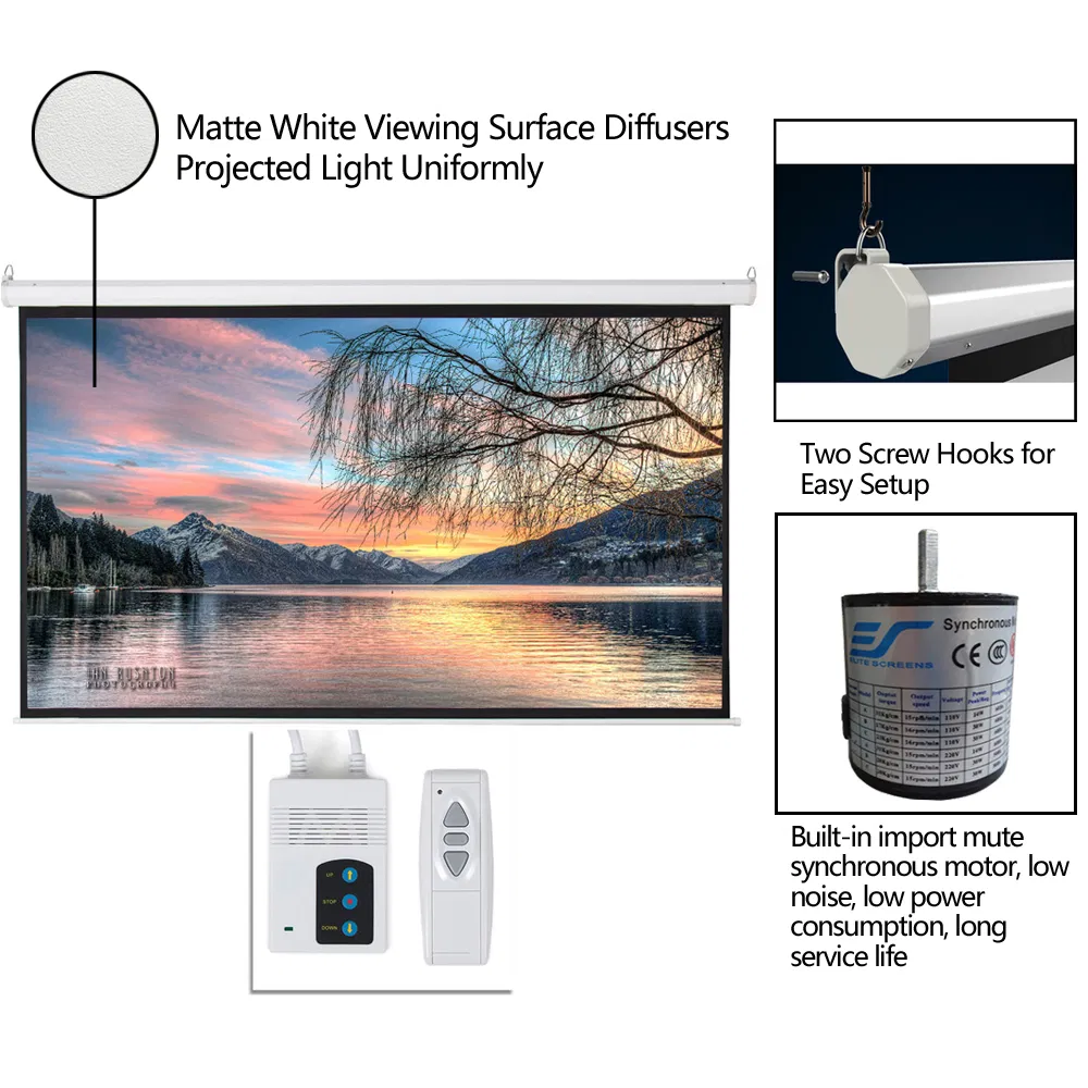 92" 16:9 80" x 45" Viewing Area Motorized Projector Screen with Remote Control Matte White photo 8