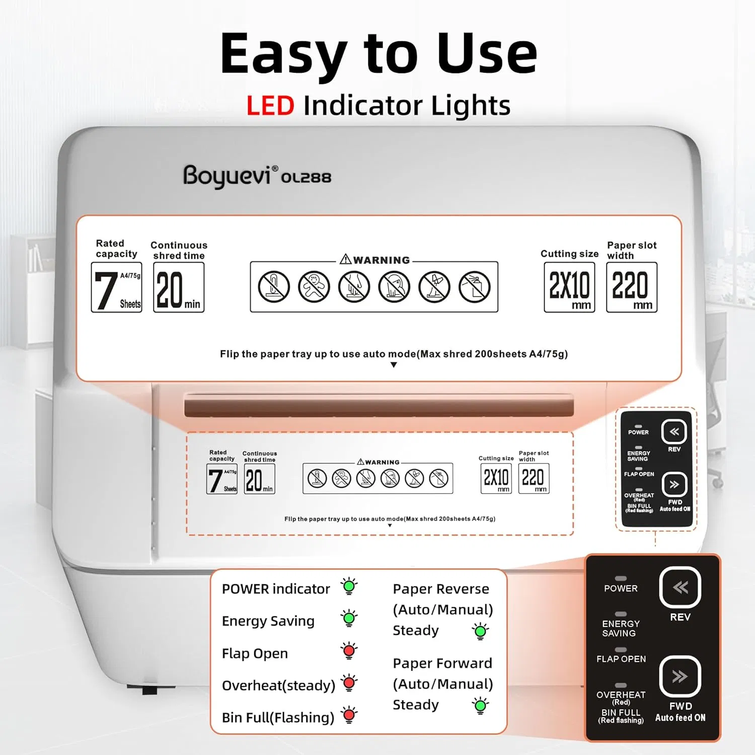 200-Sheet Auto Feed Paper Shredder, 40 Min Non-Stop Heavy Duty Shredders, P-5 Ultra Security Commercial Paper Shredder for Home Office, Micro Cut Shredder with Casters, 5.8 Gal, <60 dB(White) photo 3