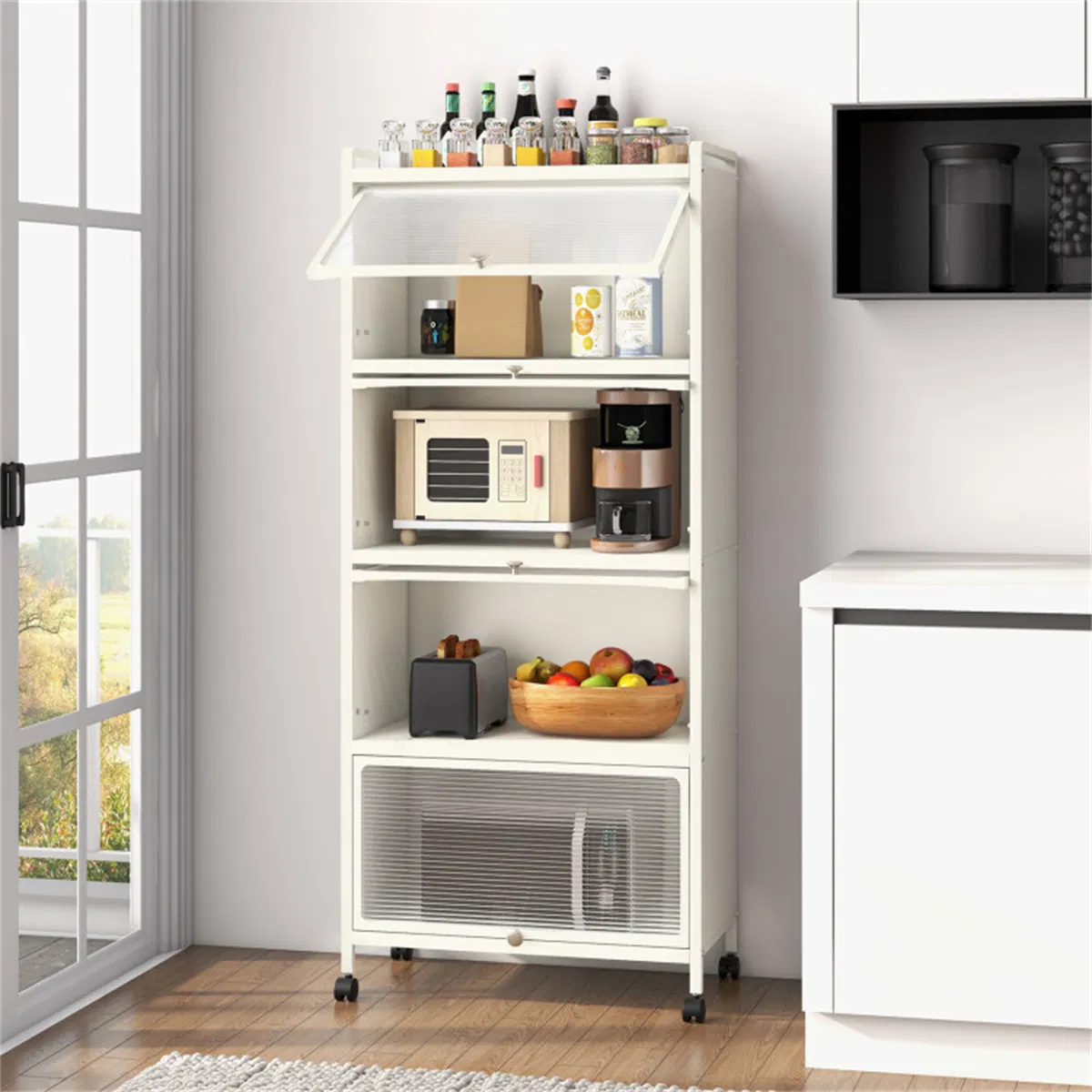 5-Tier Rolling Microwave Stand Flip Dust-Proof Doors 4 Casters with Brakes Kitchen Storage Rack White photo 7