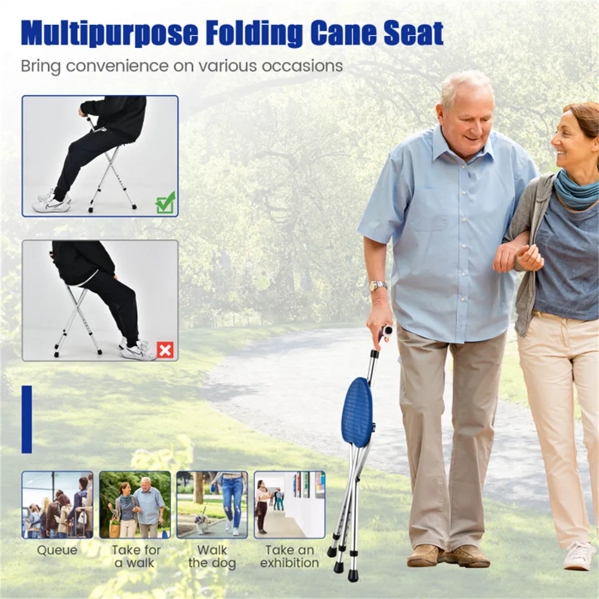 Folding Seat Cane (220lbs): 5-Level Height Adjust, LED Light, Anti-Slip Pads, Aluminum Alloy, Bonus Cushion/3 Foot Pads for Elder-Silver photo 4