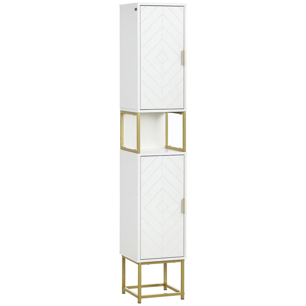 Tall Bathroom Storage Cabinet, Modern Narrow Bathroom Cabinet with Diamond Chevron Pattern and Adjustable Shelf, White photo 7