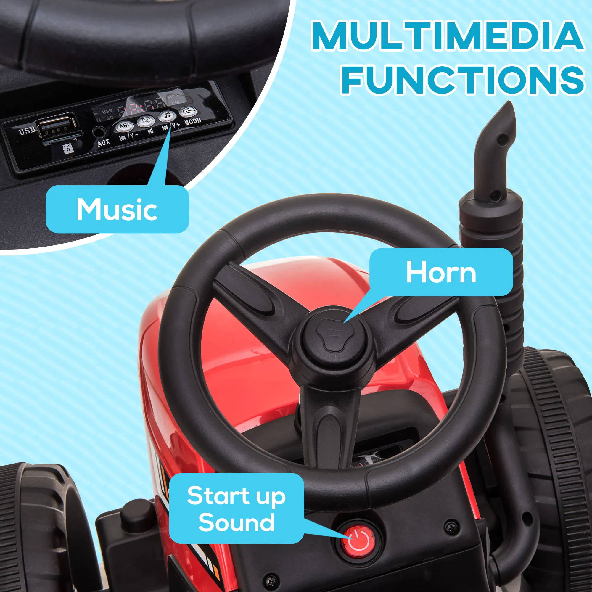 12V Kids Ride on Tractor with Trailer, Remote Control, Music Start up Sound and Horn, USB, LED Lights, Red photo 4