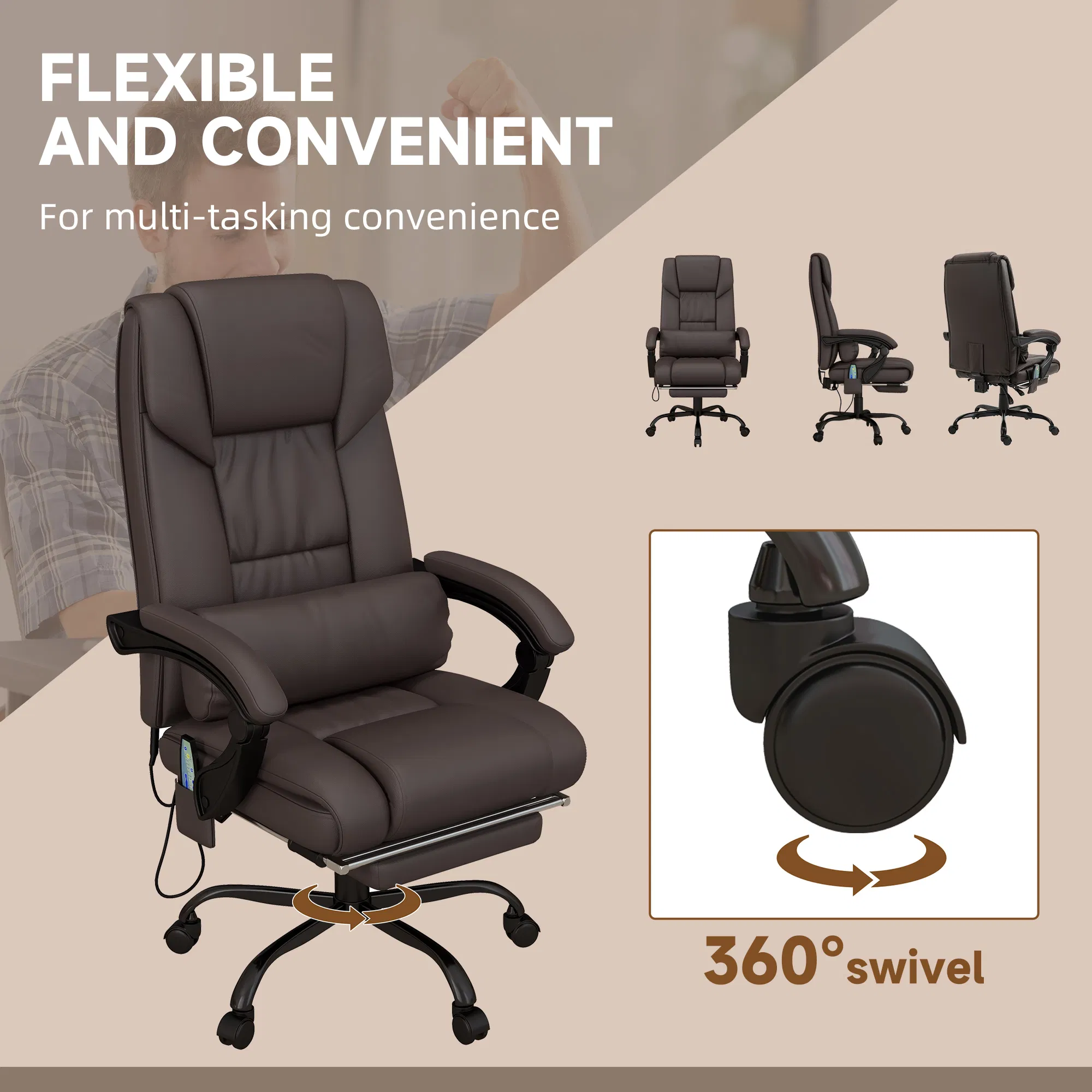 6-Point Vibration Massage Chair, Height Adjustable Reclining Computer Chair with Retractable Footrest, Brown photo 3