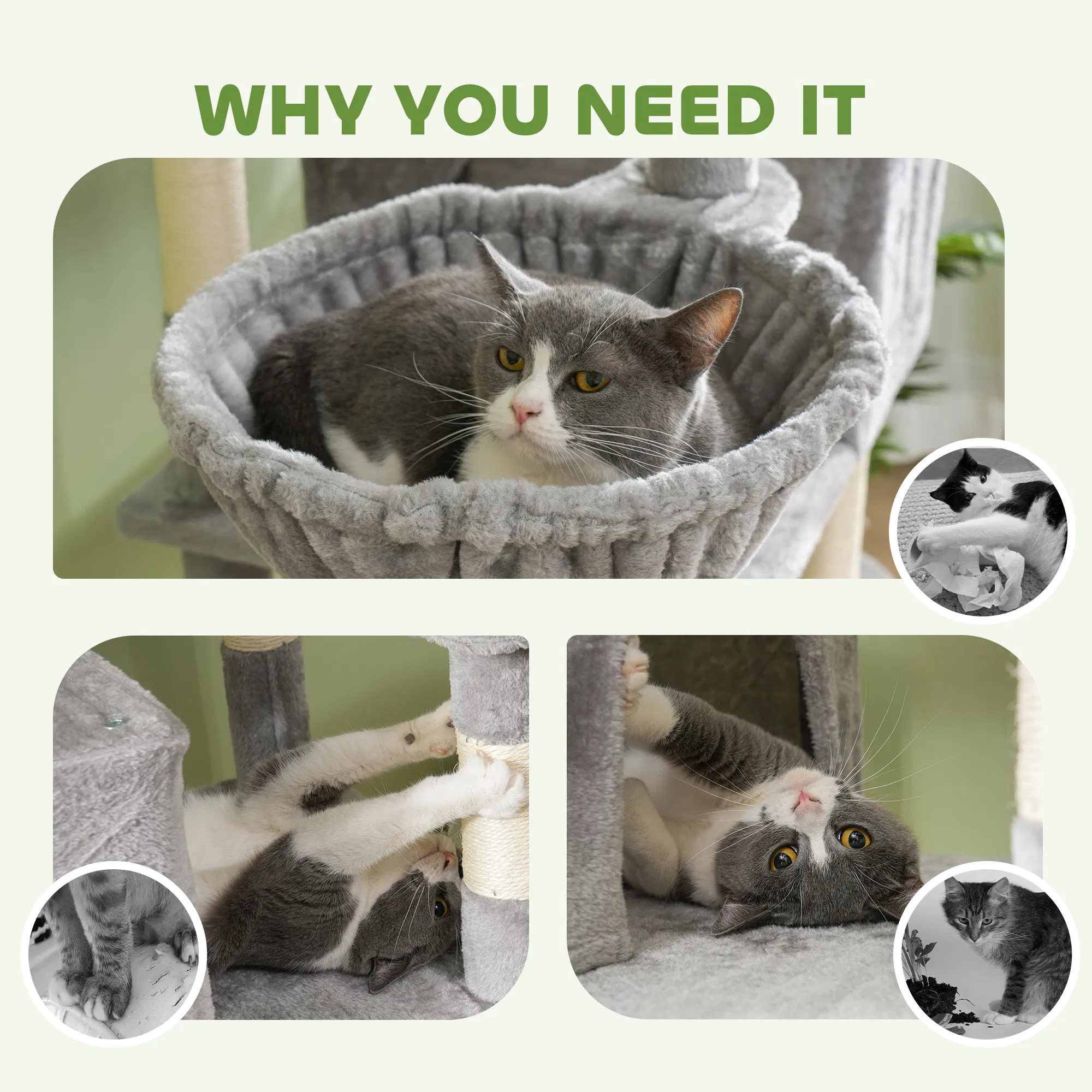 81" Large Cat Tree w/ Scratching Posts, Condos, Beds, Hammocks, Jumping Platforms, Toy Balls, Rope Cat Toy, Light Grey photo 3