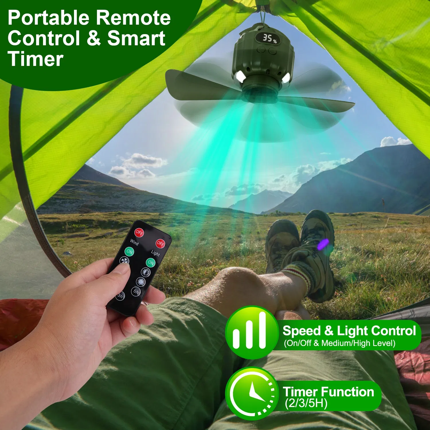 Rechargeable 3-in-1 Camping Fan, LED Lantern Hanging Fan with Large Capacity Battery, USB Power Bank, Low Noise & Timer Function for Outdoor Adventures photo 4