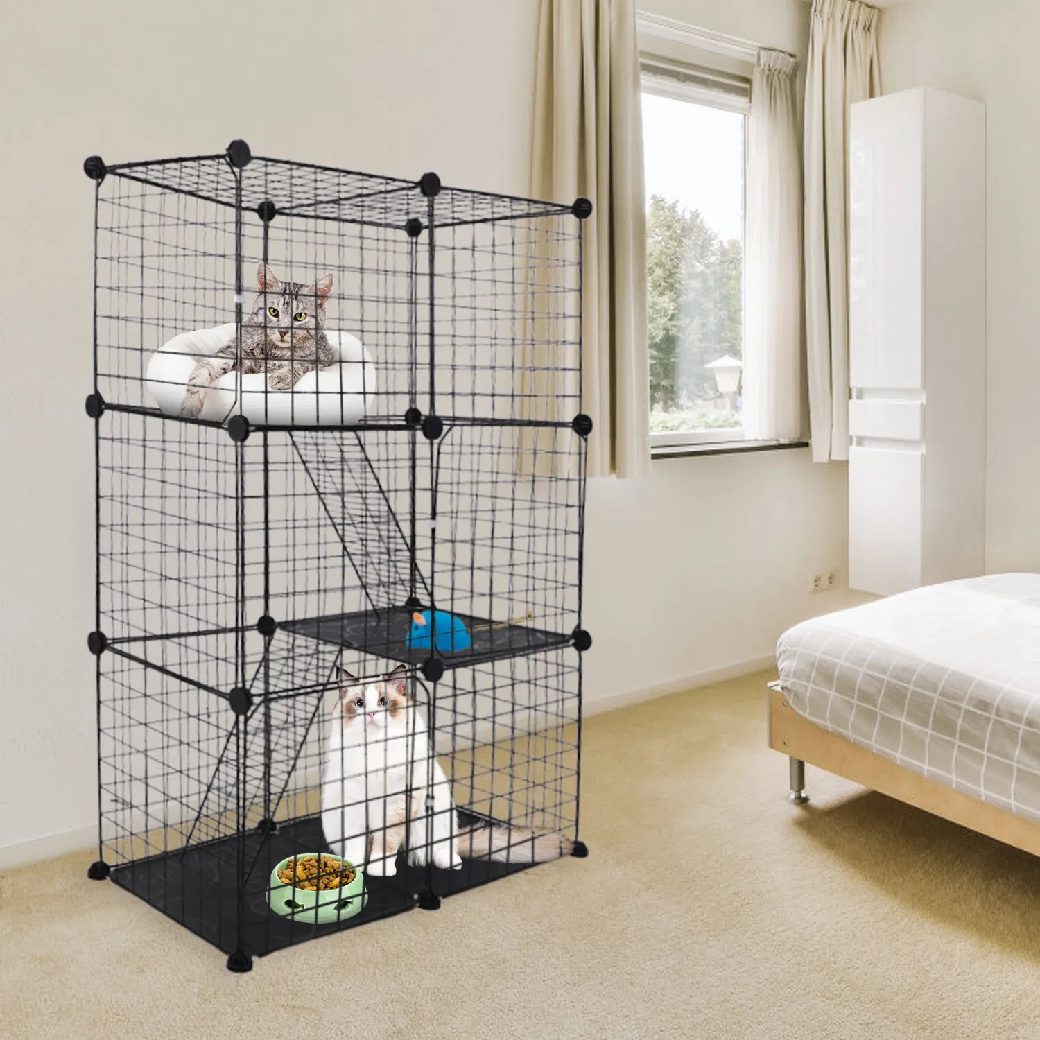 3 Tier Cat Playpen Cage Metal Indoor Cat House Detachable Kitten House with 3 Doors 2 Ladders Large Cat Exercise Place for 1-2 Cats Black photo 4