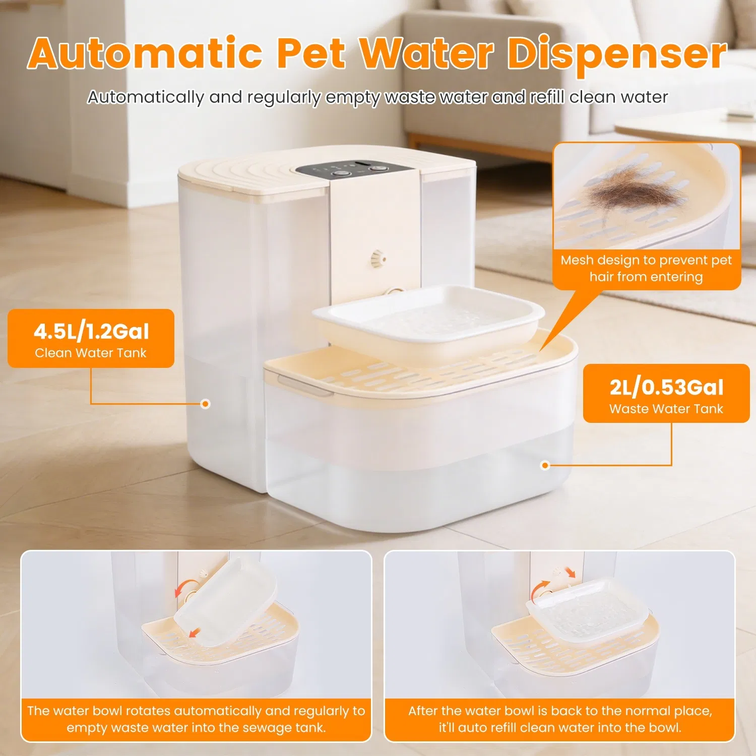 Cordless Dog Cat Water Fountain 4.5L, Dual Tank Filtration Automatic Pet Water Dispenser with Easy Cleaning photo 3