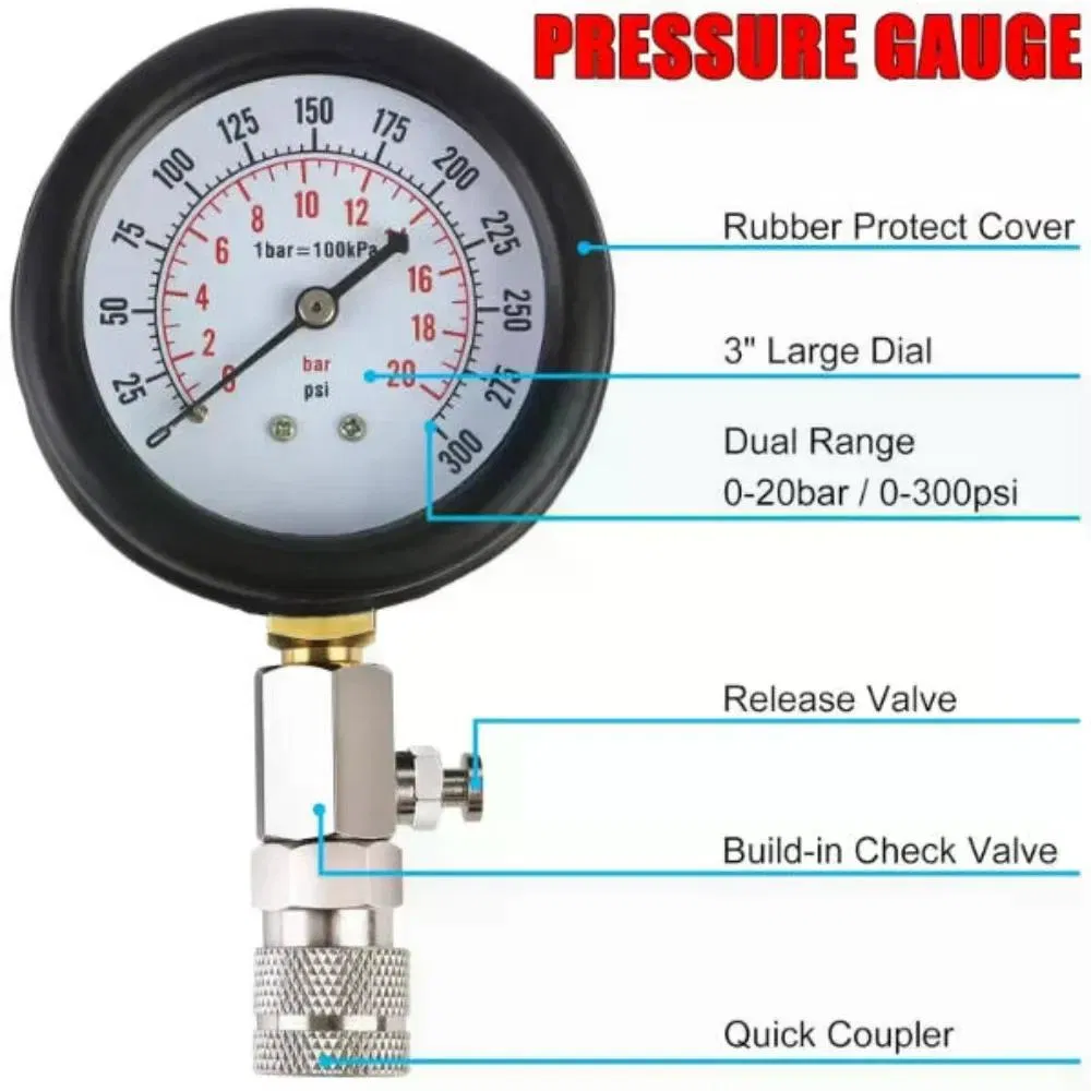Engine Cylinder Compression Tester, 0-300PSI/0-20BAR Dual Scale with 4 Adapters & 3" Gauge, for Gasoline Engine Diagnostic photo 5