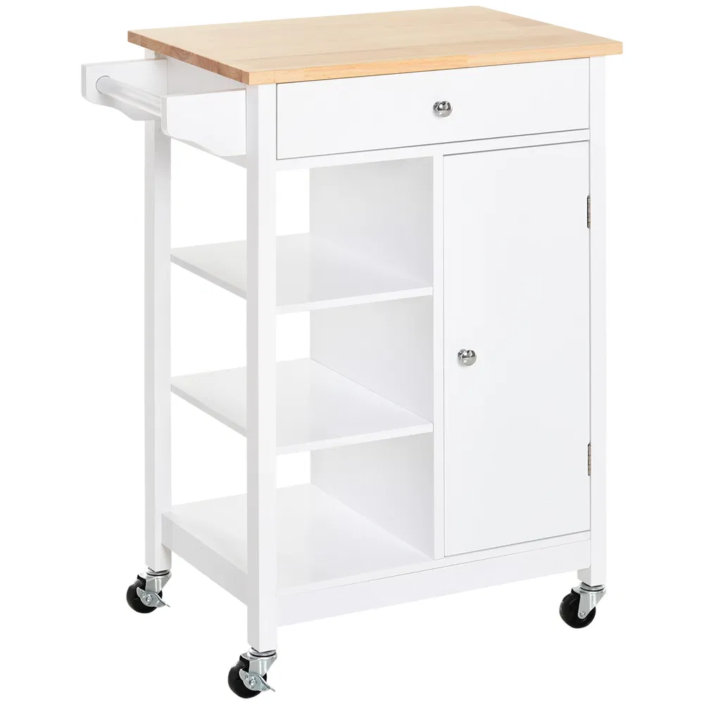 Modern Rolling Kitchen Island Cart with Drawer, Natural Wood Top, Towel Rack, Door Storage Cabinet, White photo 7