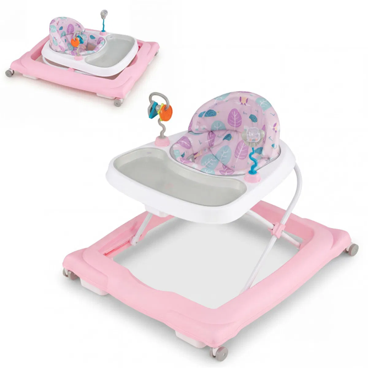 Pink Foldable Baby Walker with Detachable Tray & Shape Sorter Toys, 3-Level Height Adjustable for 6-12 Months photo 1