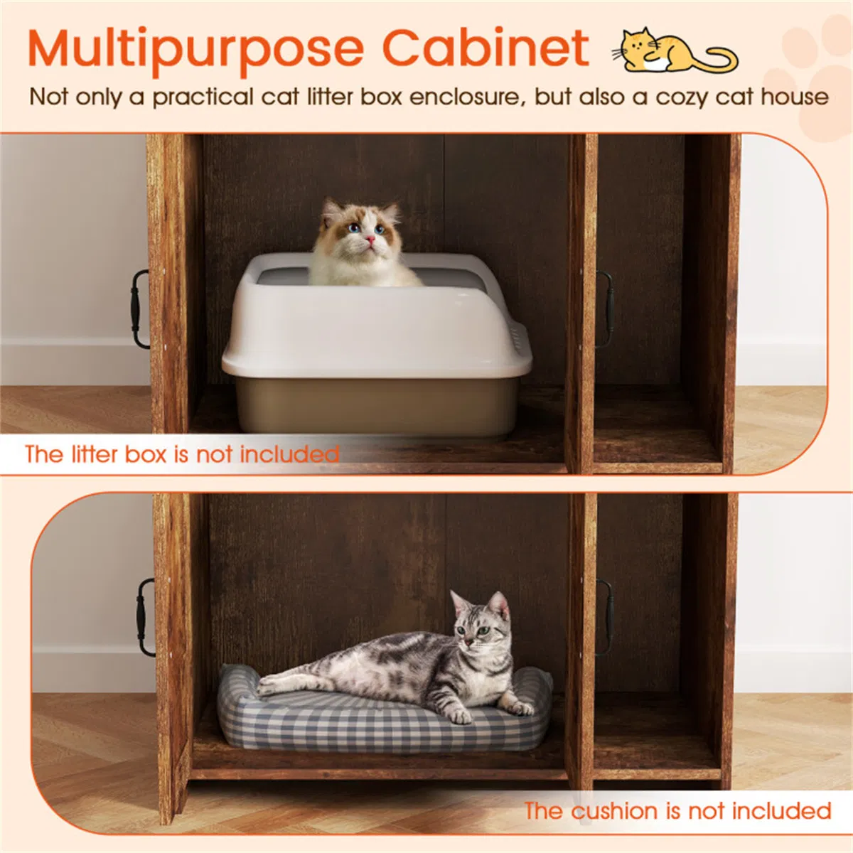 Wooden Hidden Cat Litter Box Enclosure with Storage Shelves Anti-Toppling Design Industrial Style Brown photo 4