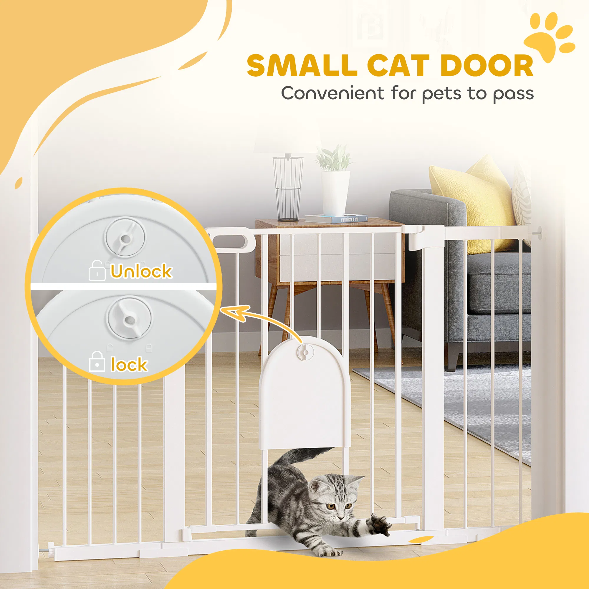 30"-52" Extra Wide Pet Gate Barrier with Small Door, 30"H Dog Gate with Safety Gate Barrier, Stair Pressure Fit, White photo 4