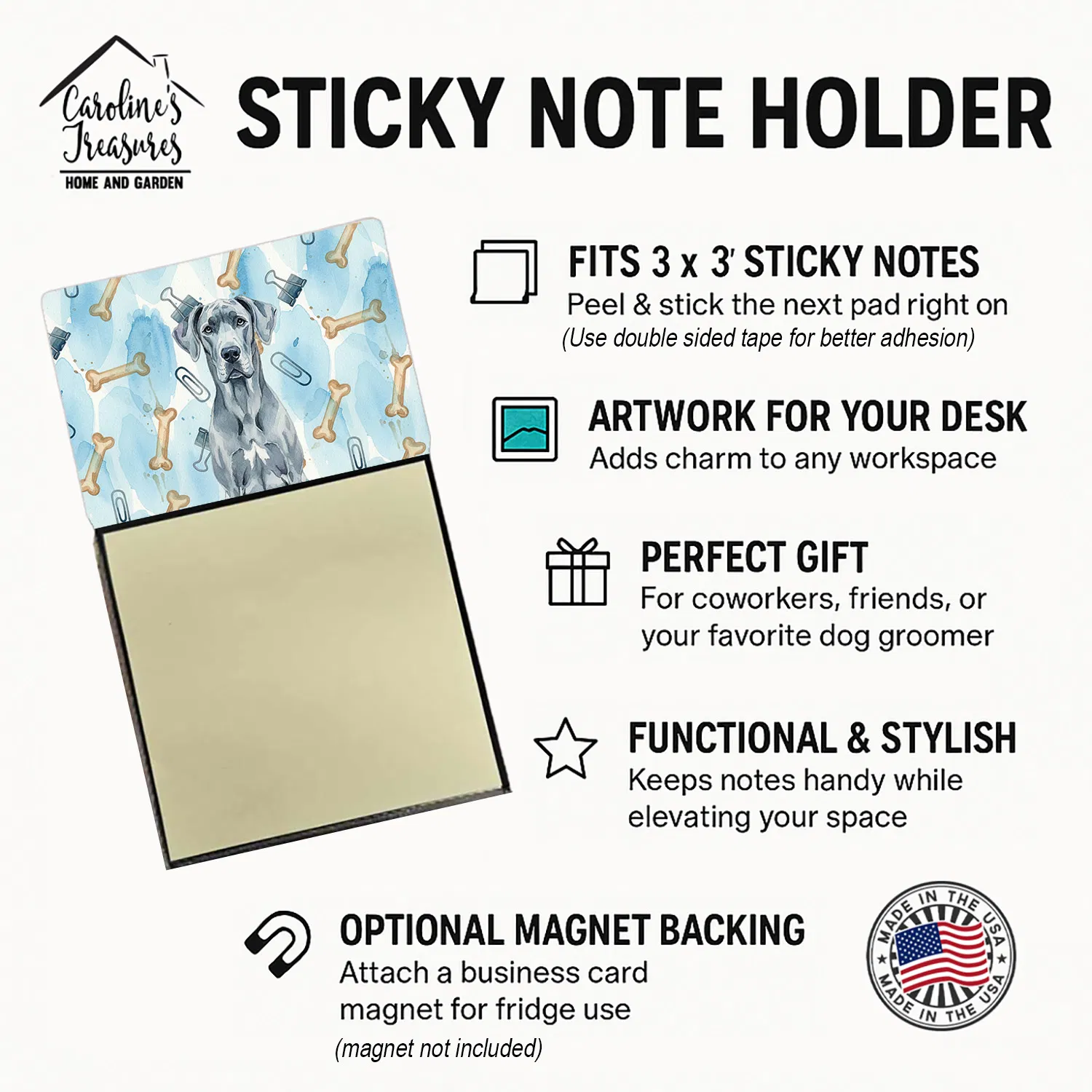 Blue Great Dane Coworker Watercolor Sticky Note Holder Refillable Dispenser Desk Accessory 3x3 Pad Gift photo 4