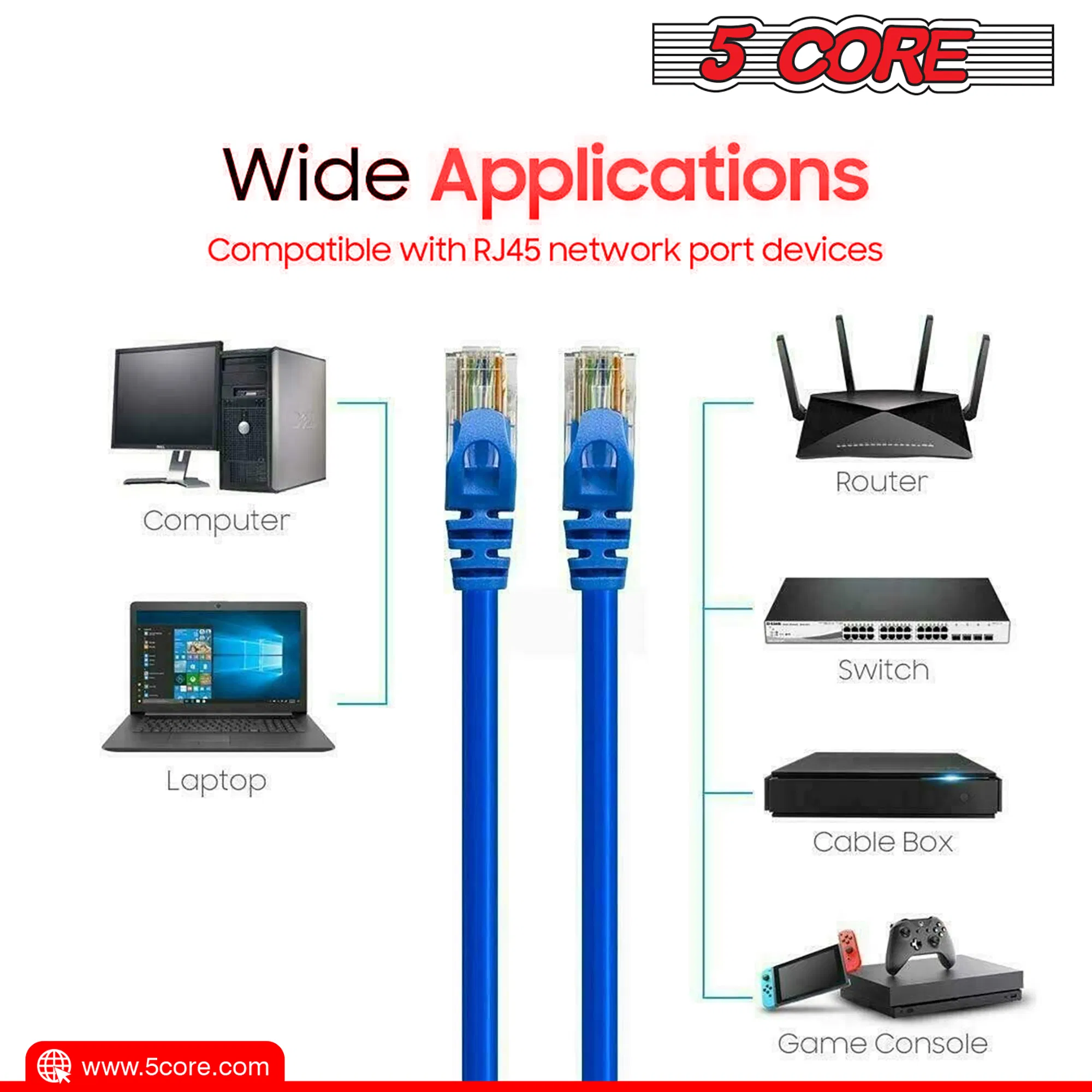 5Core Cat 6 Ethernet Cable 20ft Long Computer Internet Cables WiFi RJ45 Cord photo 7