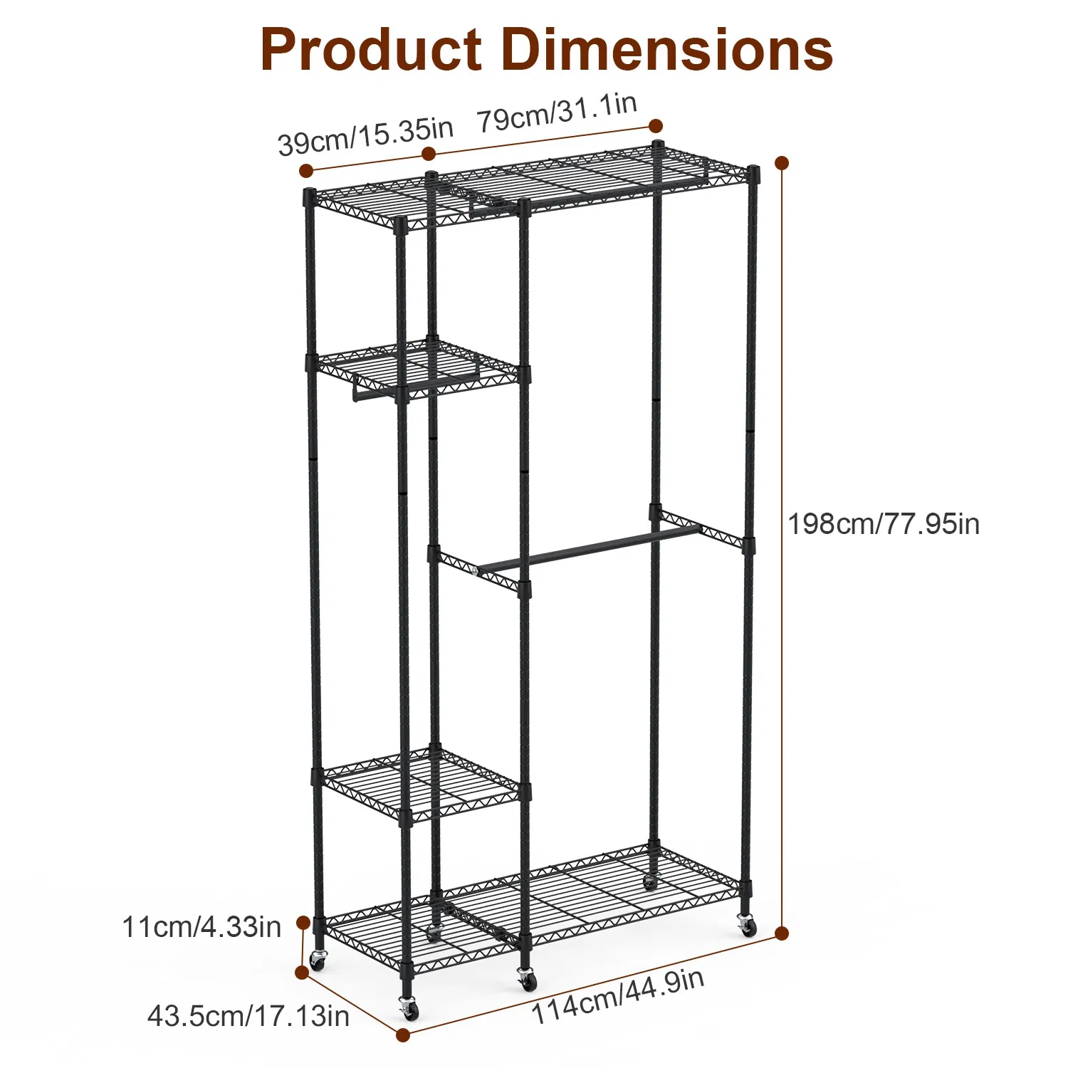 4 Tier Heavy Duty Garment Rack with Wheels Carbon Steel Clothing Rack Portable Wardrobe Clothes Rack with 3 Hanging Rods 6 Footrests 44.9x17.13x77.95in photo 4