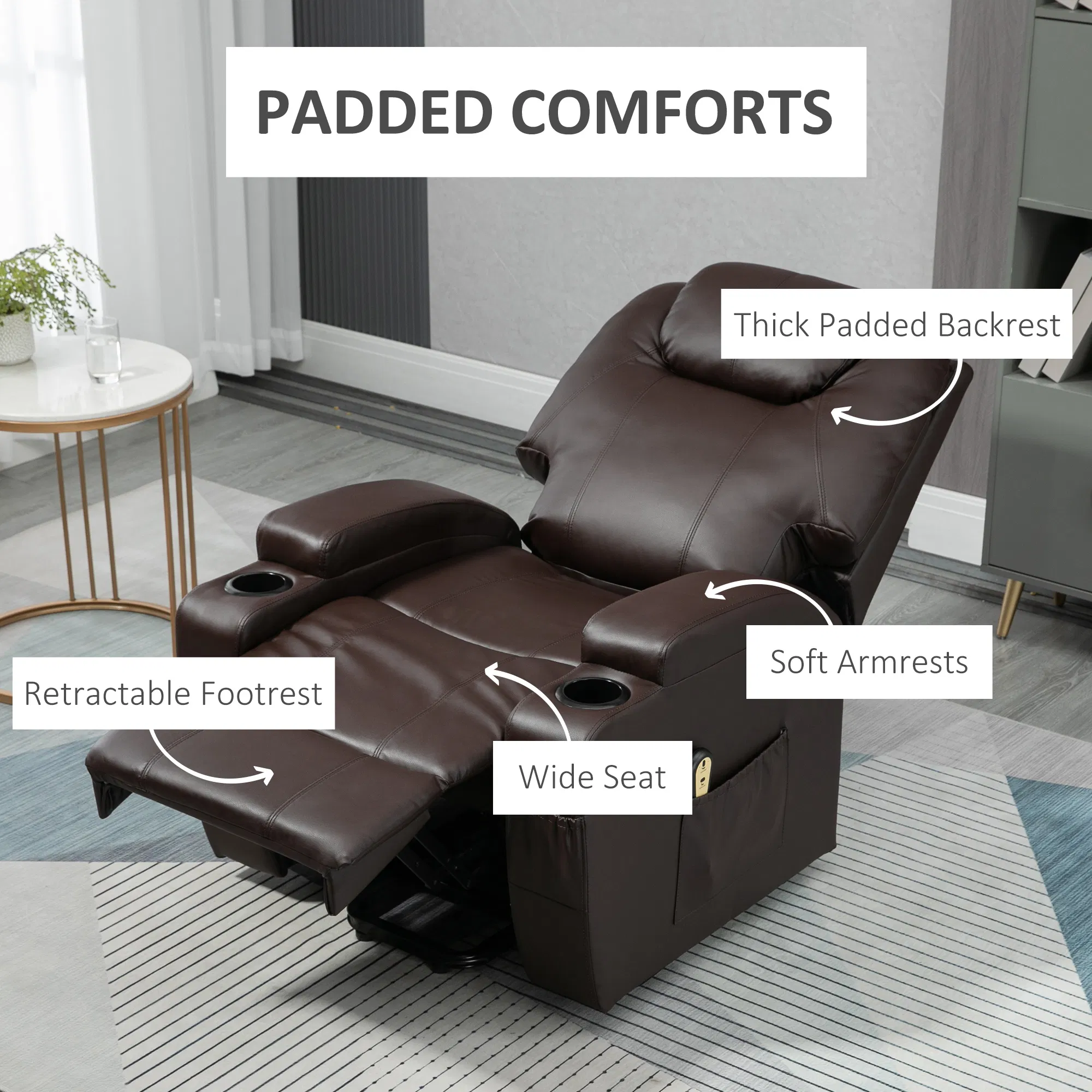 Power Lift Recliner Chair for Elderly, PU Leather Lift Chair with Footrest, Remote Control, Side Pockets and Cup Holders, Reclining Sofa for Living Room, Brown photo 5
