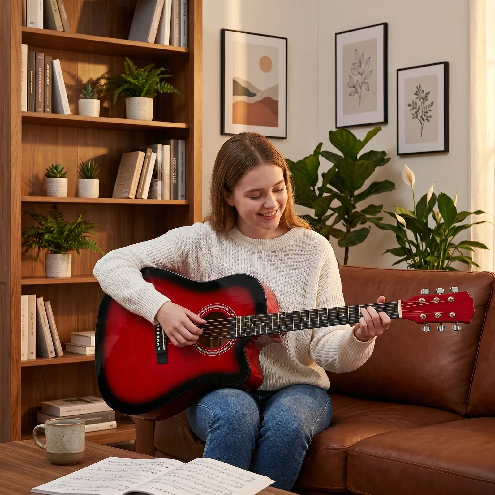 Turn red 41-inch Dreadnought barrel-shaped cutaway acoustic guitar with pick, strings, capo, gig bag, tuner, wrench tool, and shoulder strap photo 7