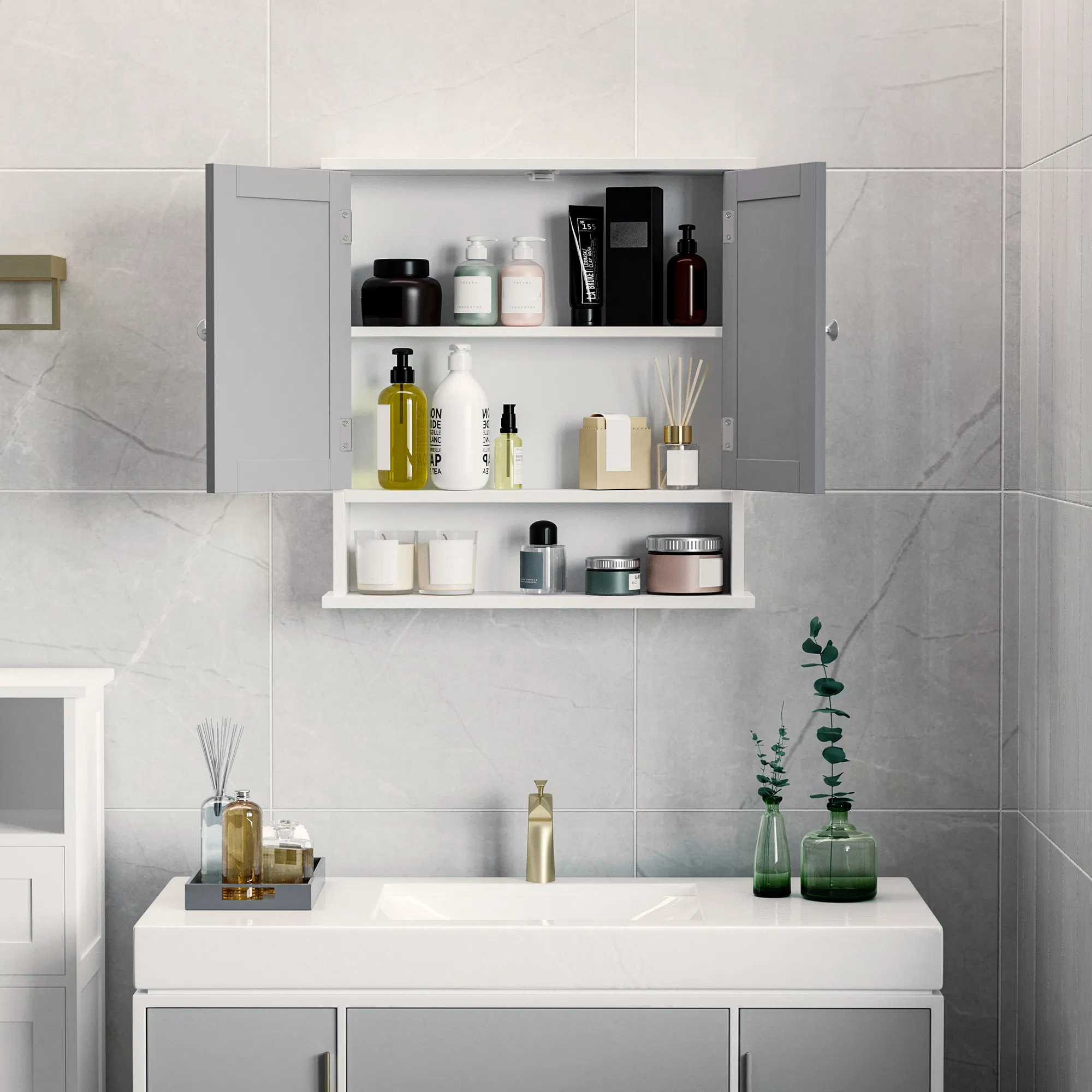Medicine Cabinet, Wall-Mounted Bathroom Mirror Cabinet with Double Doors, Open Shelf, and Adjustable Shelf, Modern Bathroom Wall Cabinet, White and Grey photo 6