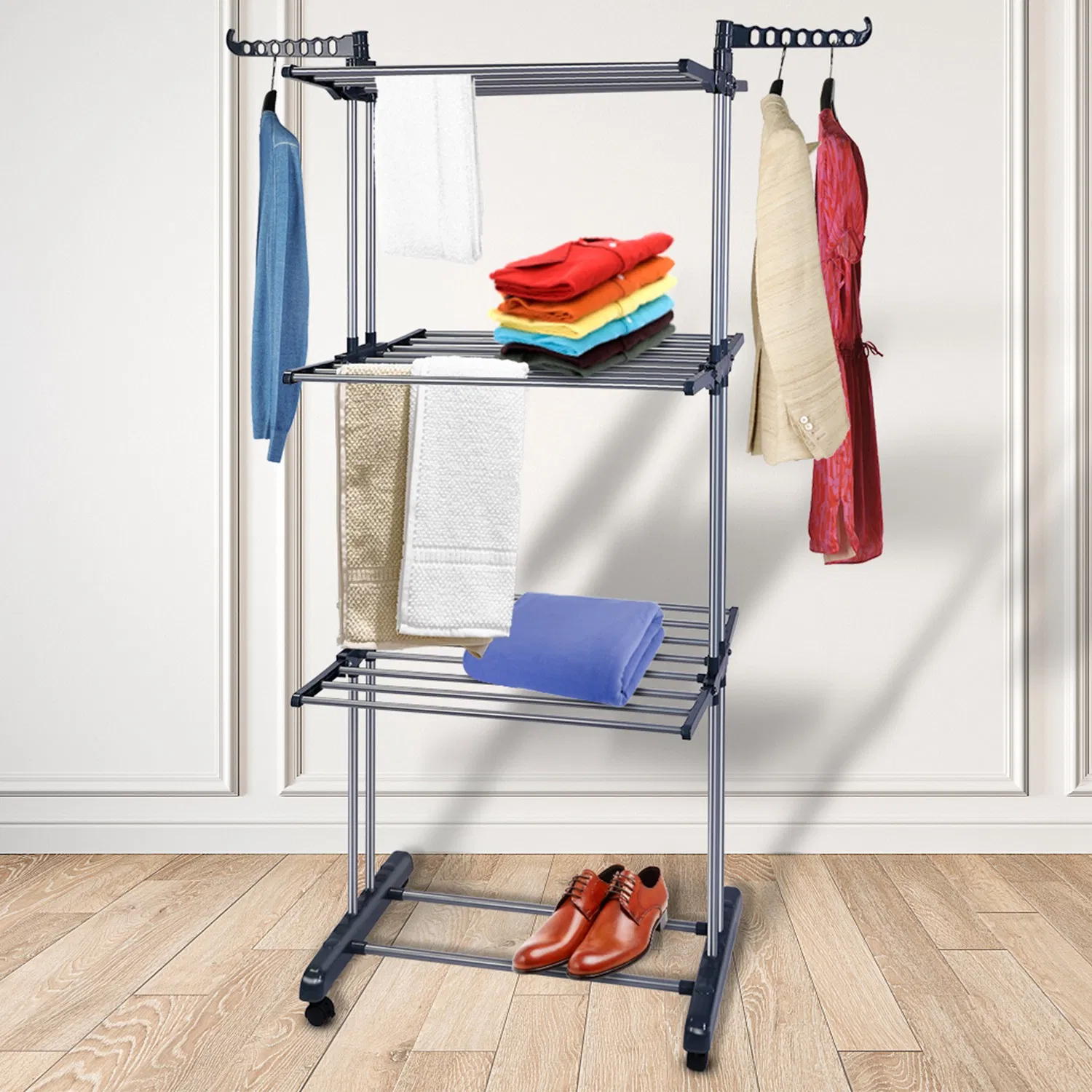 Clothes Drying Rack Rolling Collapsible Laundry Dryer Hanger Stand Rail Shelve Wardrobe Clothing Drying Racks w/ Dual Side Wings photo 3