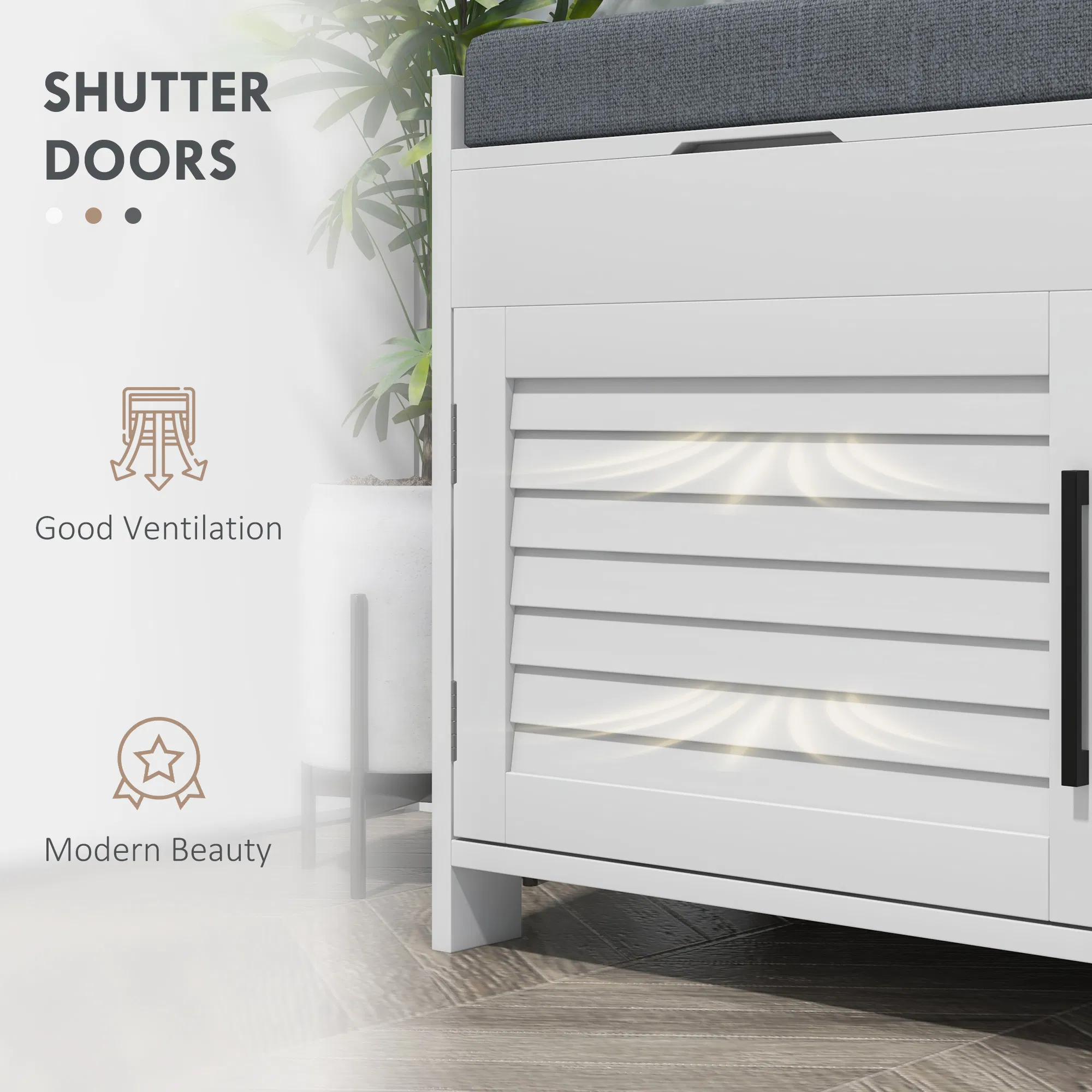 Entryway Bench with Cushion, Hidden Storage, Adjustable Shelves and Shutter Doors, 35.4" Shoe Bench, White photo 6
