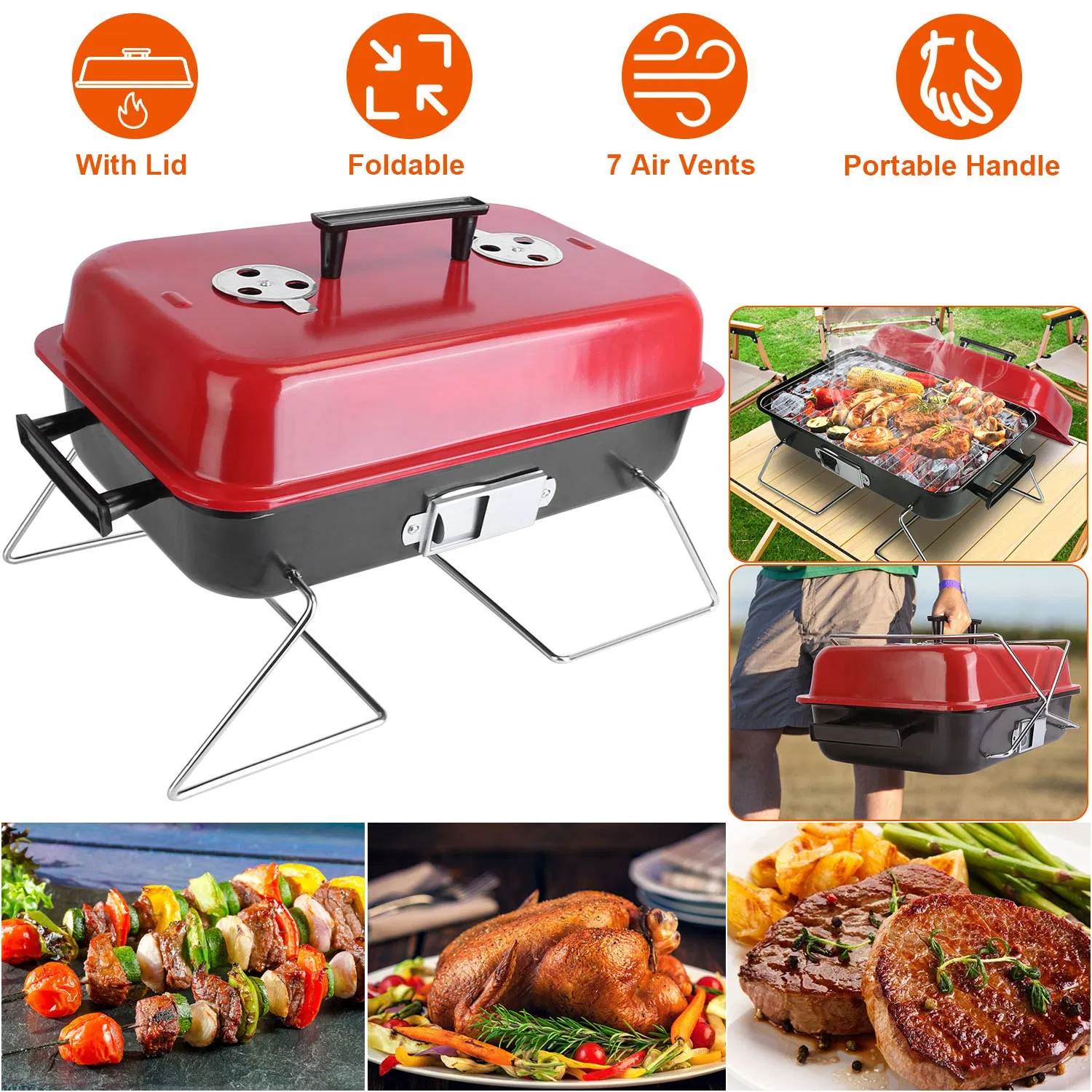 Portable Charcoal Grill Outdoor Tabletop Grill Small Barbecue Smoker Folding BBQ Grill with Lid for Backyard Camping Picnics Beach photo 3