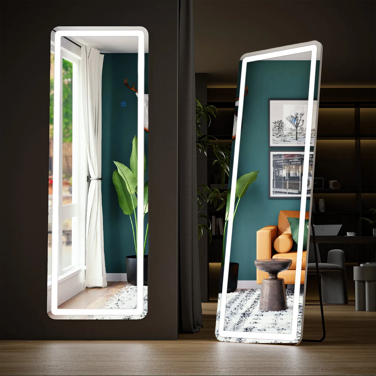 3 Color Lighting Mirror with LED Lights, 64"x21" Lighted Floor Standing Mirror with Stand, Wall Mounted Hanging photo 2