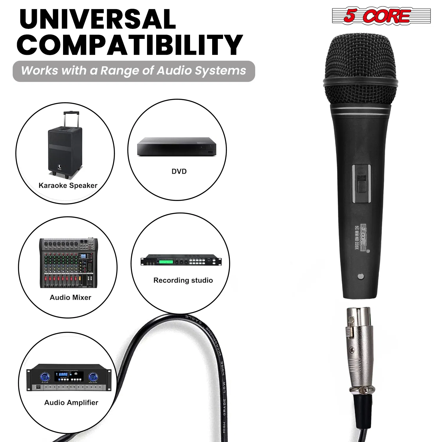 5 CORE Professional Dynamic Vocal Microphone Neodymium Cardioid Unidirectional Handheld Mic for Singing Karaoke Steel Mesh Grille Metal Body With ON Off Switch + 16ft Detachable Cable + Clip + Bag photo 2