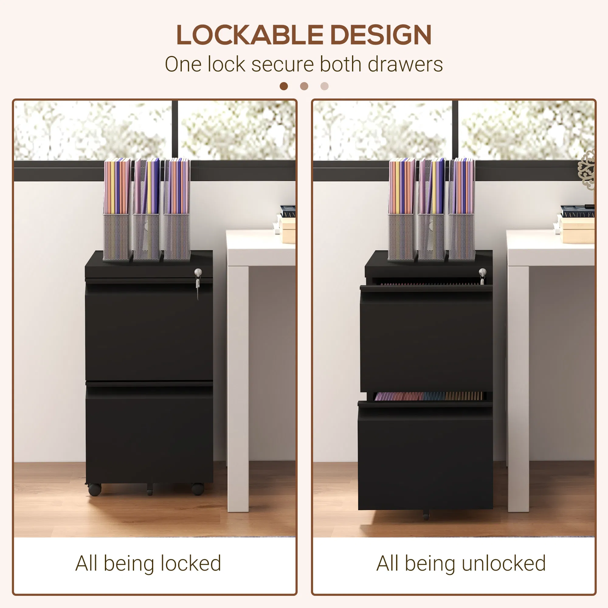 Mobile Vertical Filing Cabinet with Lock, 2-Drawer Steel File Cabinet with Adjustable Hanging Bar for Letter, A4 and Legal Size, Black photo 5