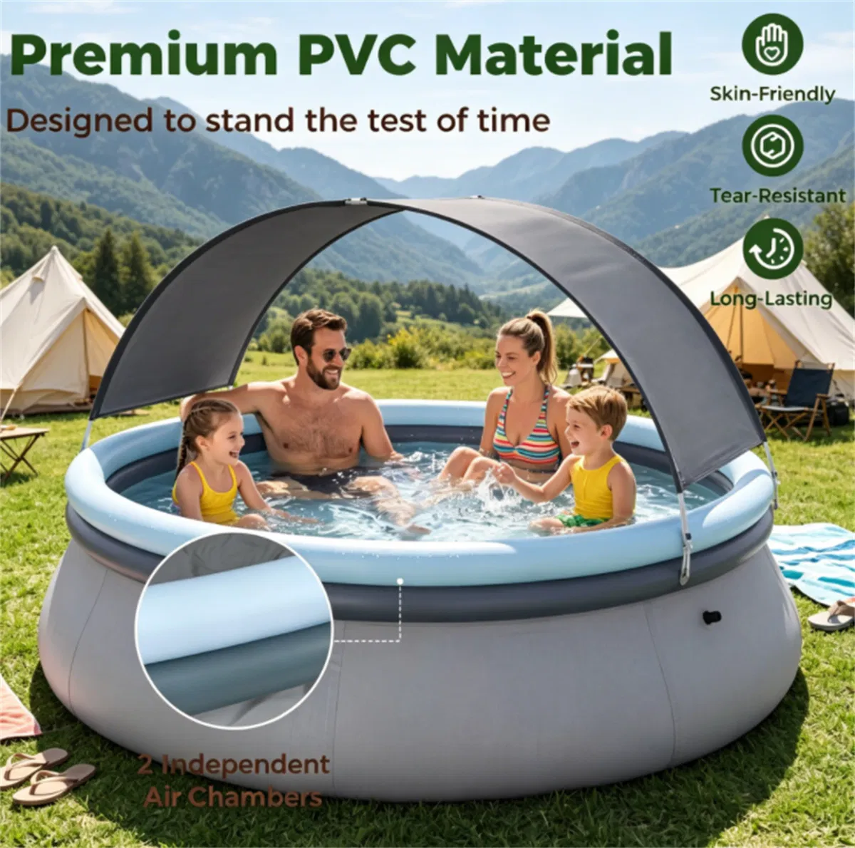 118 x 68 Large Capacity Outdoor Inflatable Pool with Sunshade Tent, TearResistant PVC BlowUp Pool with Repair Kit, 6Person Portable Family Swimming Pool photo 5