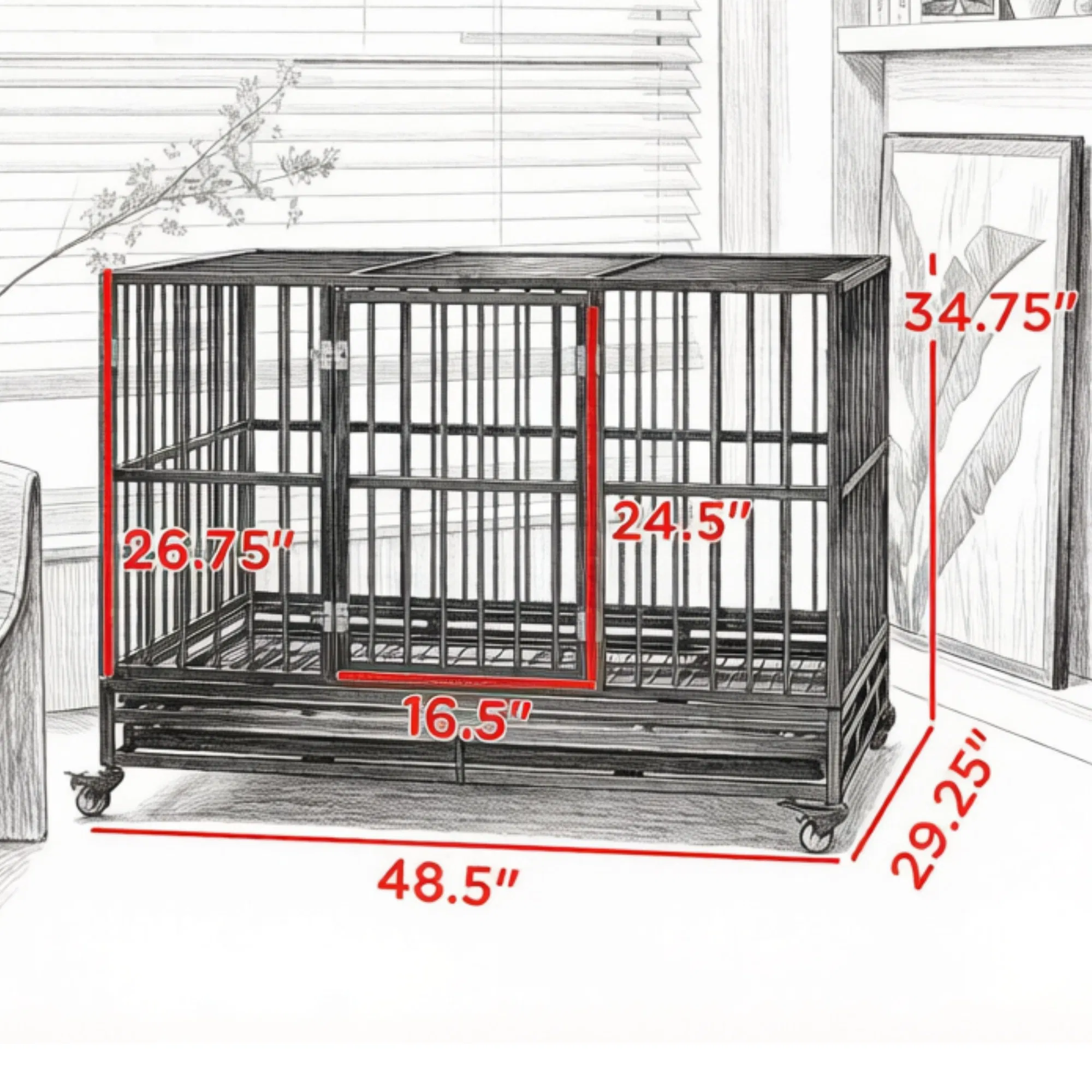 48" Heavy Duty Metal Dog Crate Kennel with Lockable Wheels Double Door Removable Tray Gray photo 4