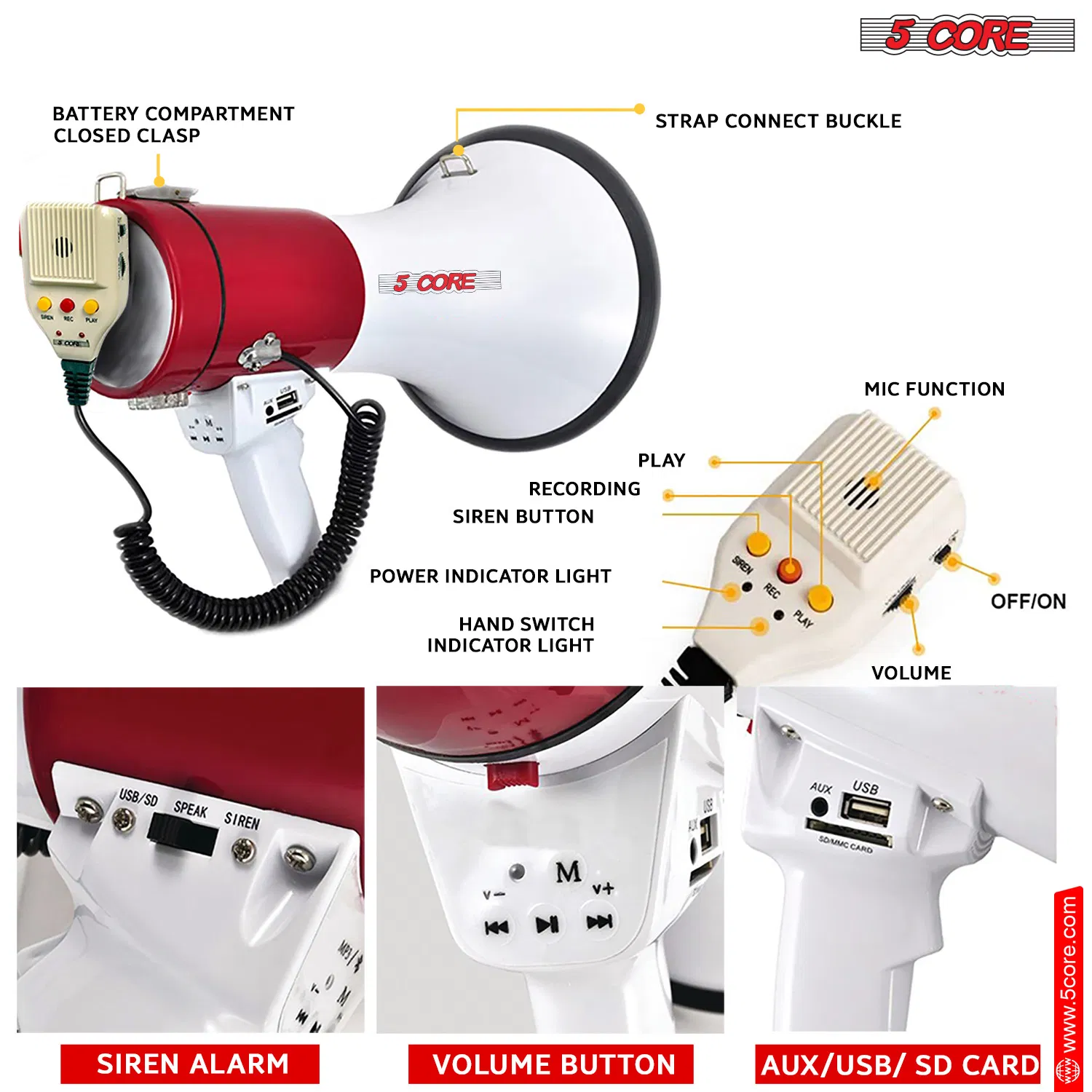 5 Core Megaphone 50W Bull Horn Professional PA Speaker w 1200 Yards Range Loud Siren Voice Amp photo 8