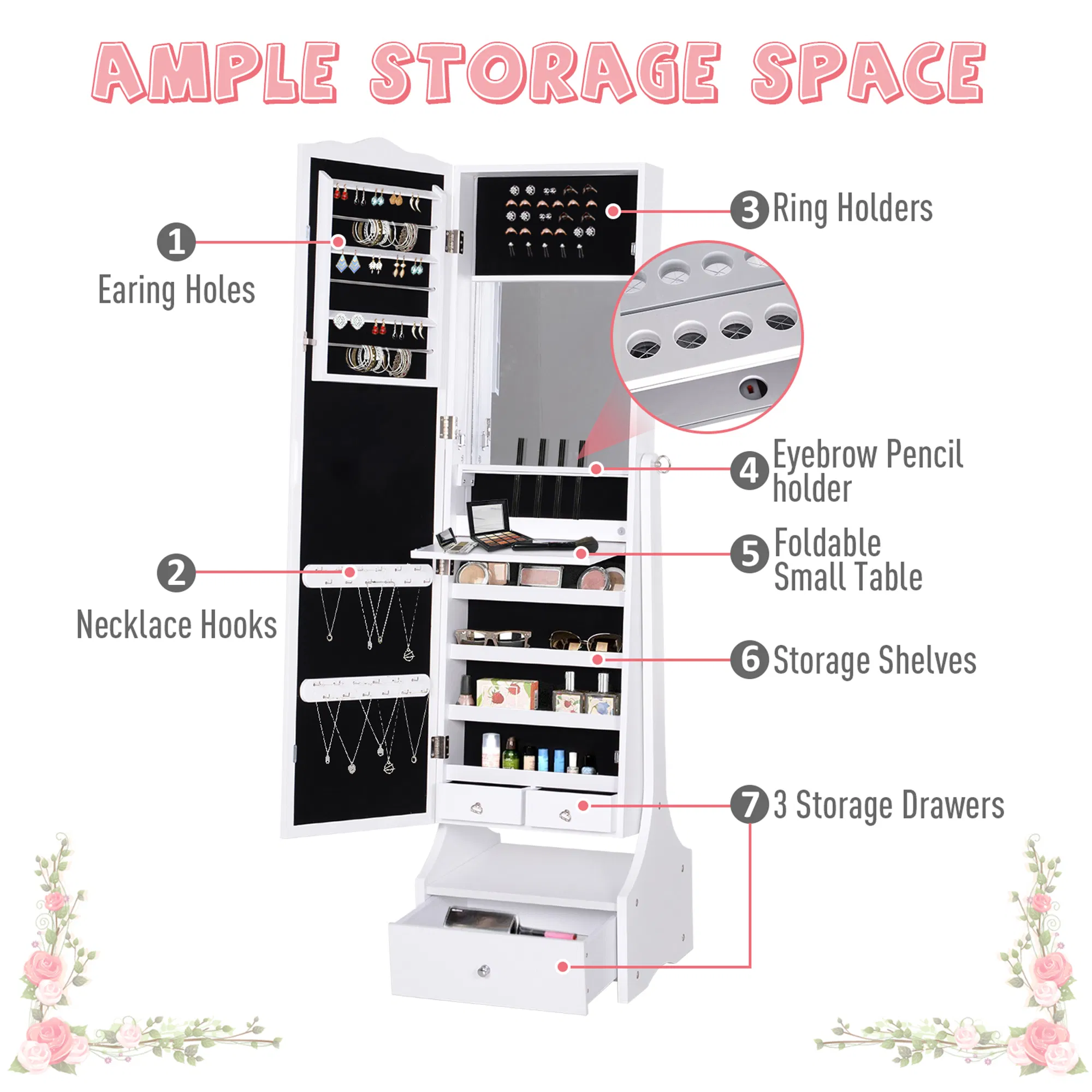 Standing Jewelry Armoire: With LED Lights, Full-Length Mirror, Adjustable Angle, White photo 2