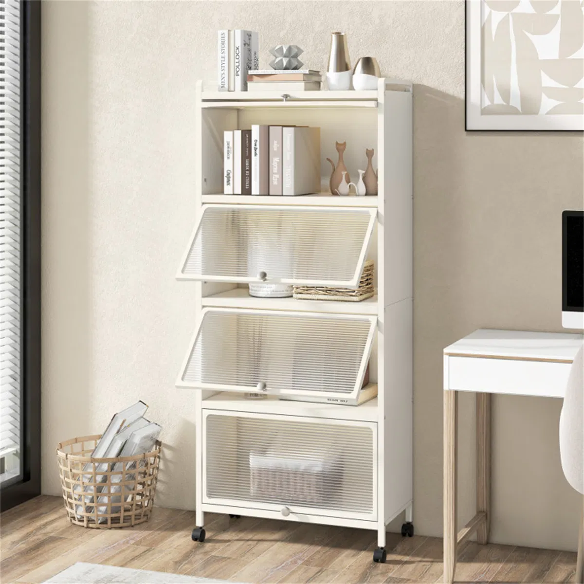5-Tier Rolling Microwave Stand Flip Dust-Proof Doors 4 Casters with Brakes Kitchen Storage Rack White photo 2