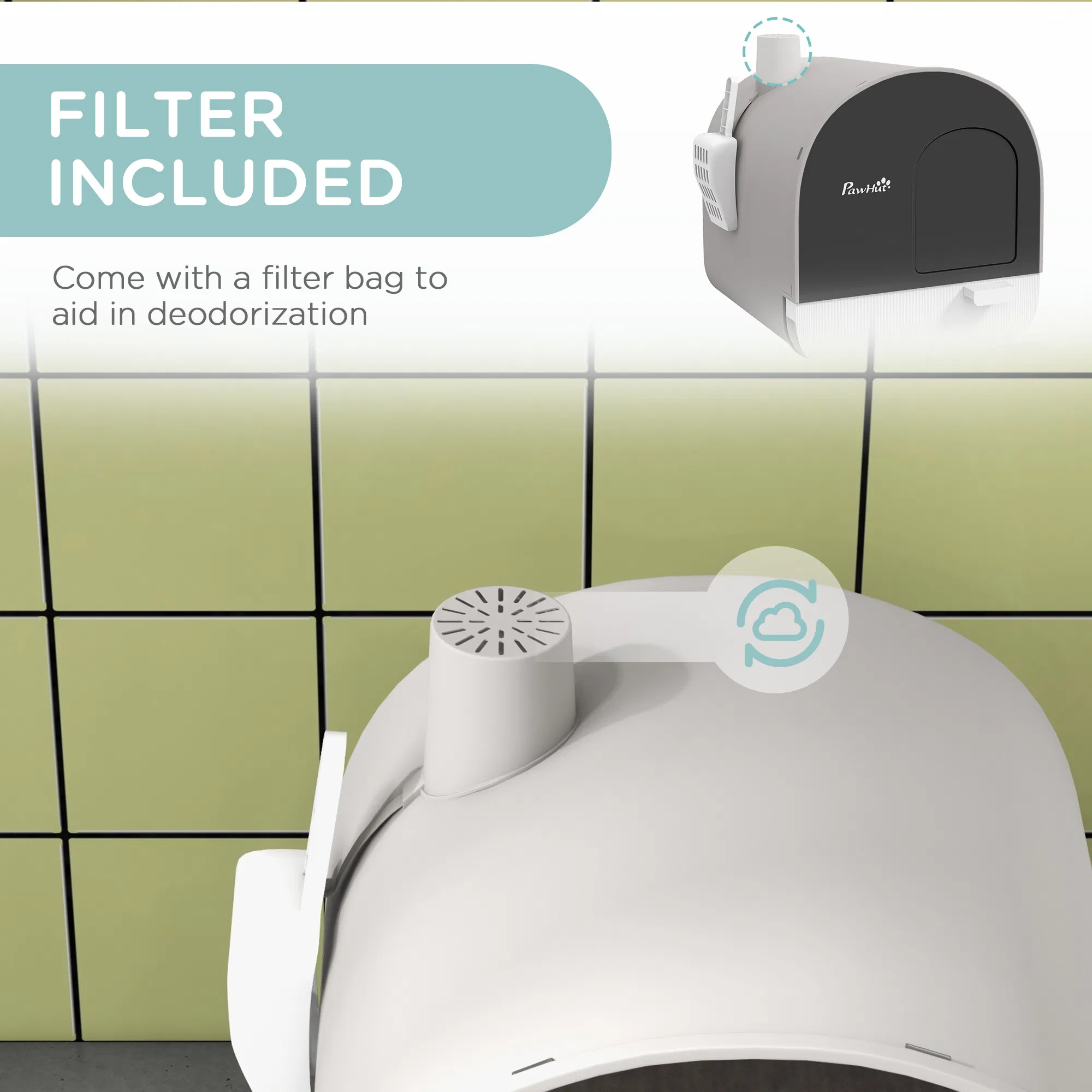 Cat Litter Box with Lid, Removable Tray, Scoop, Filter, Light Grey photo 5