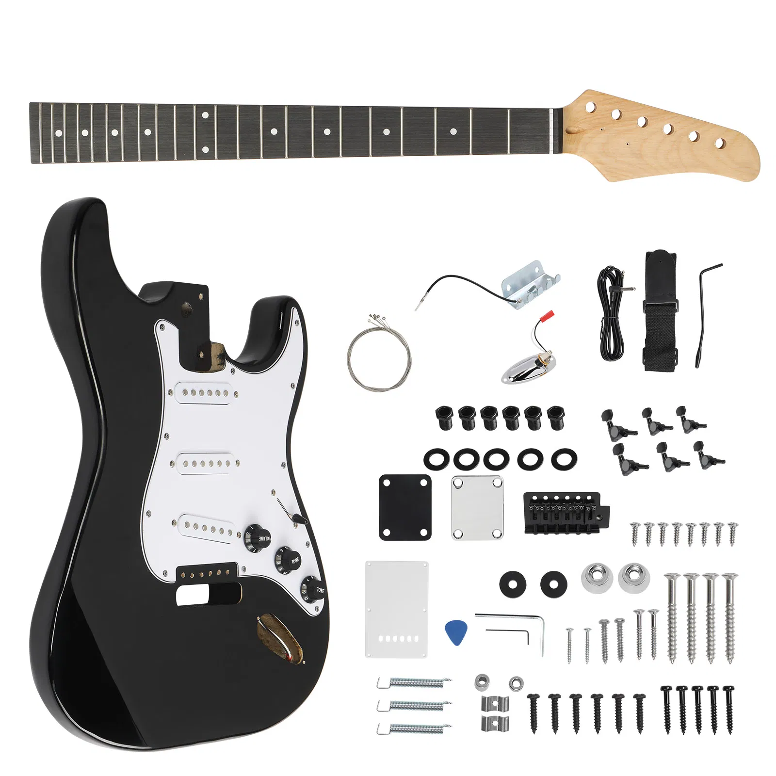 DIY 6 String ST Style Electric Guitar Kits with Mahogany Body, Maple Neck and Accessories Black photo 3