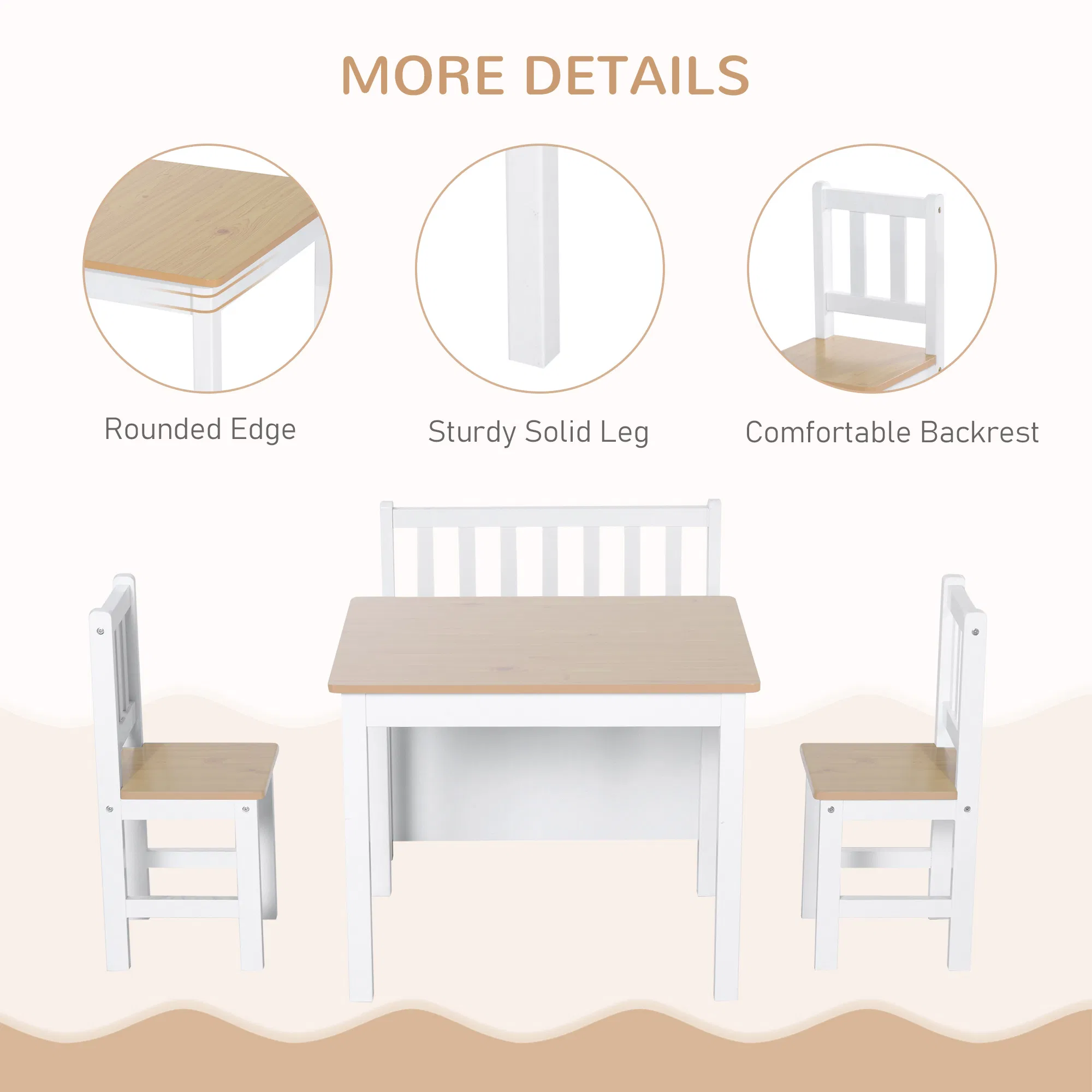 4-Piece Set Kids Wood Table Chair Bench with Storage Function Easy to Clean Gift for Girls Boys Toddlers Age 3 Years up Natural and White photo 3